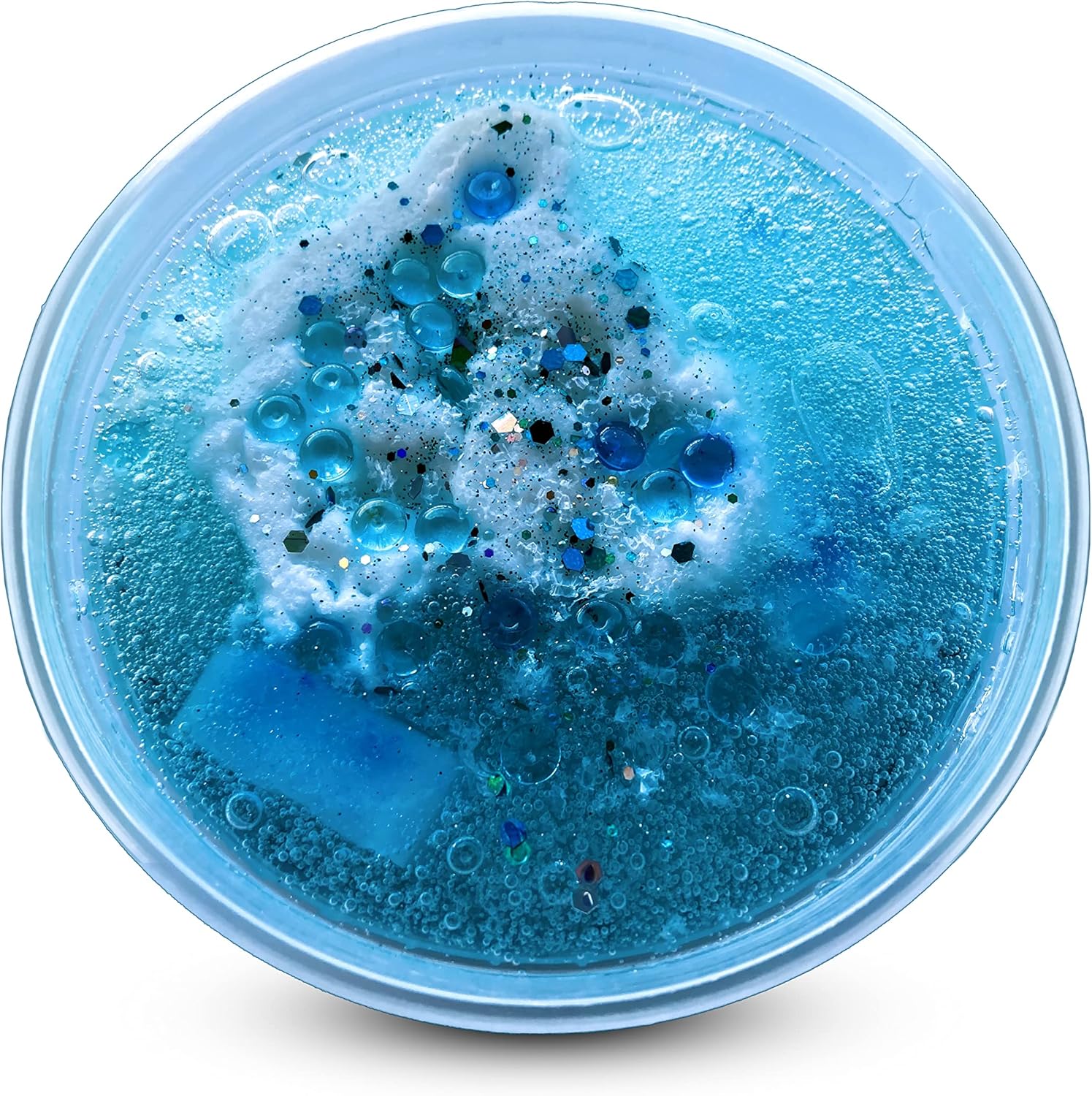 COTTON CANDY GLACIER, The coolest slime possible, smells like cotton candy, clear aqua with jelly cubes, beads, glitter, and a splash of white marshmallow puff, enjoy!