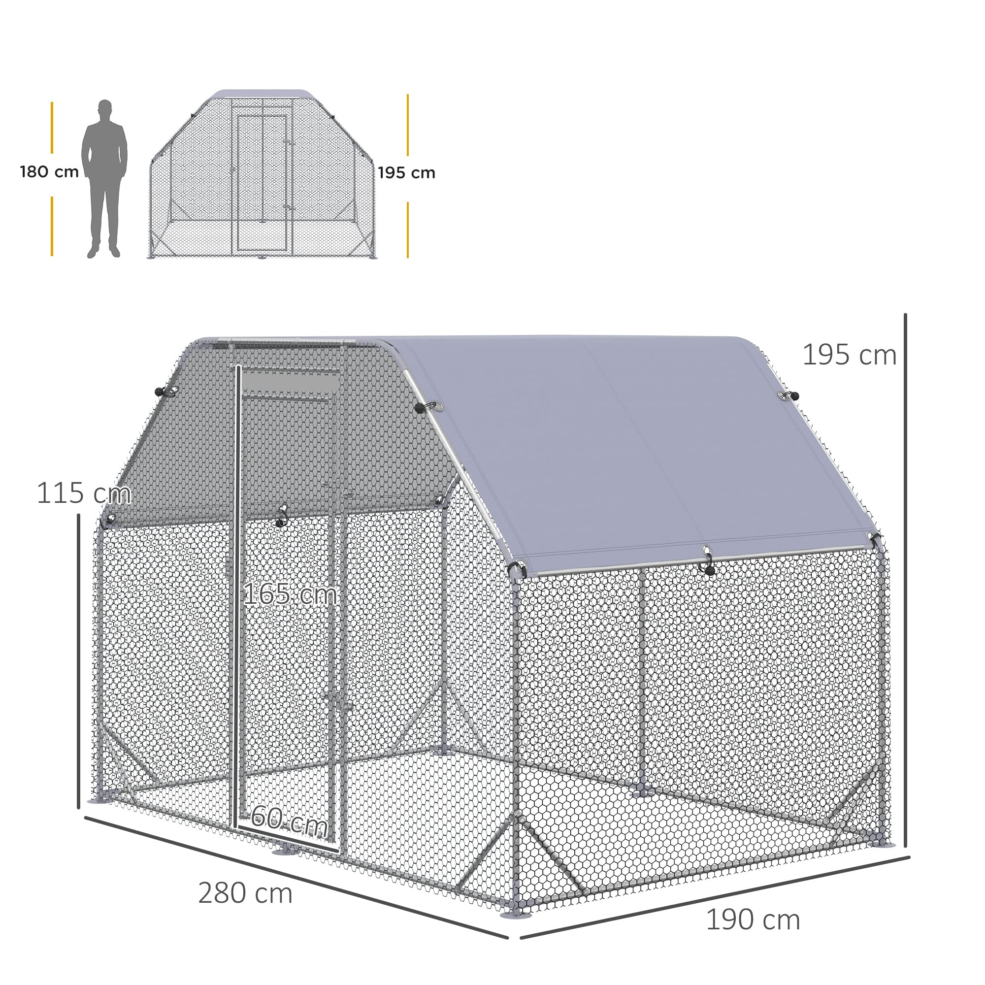 PawHut Recinto per Galline con Telo di Copertura, Pollaio per Galline con Serratura in Acciaio, 280x190x195 cm