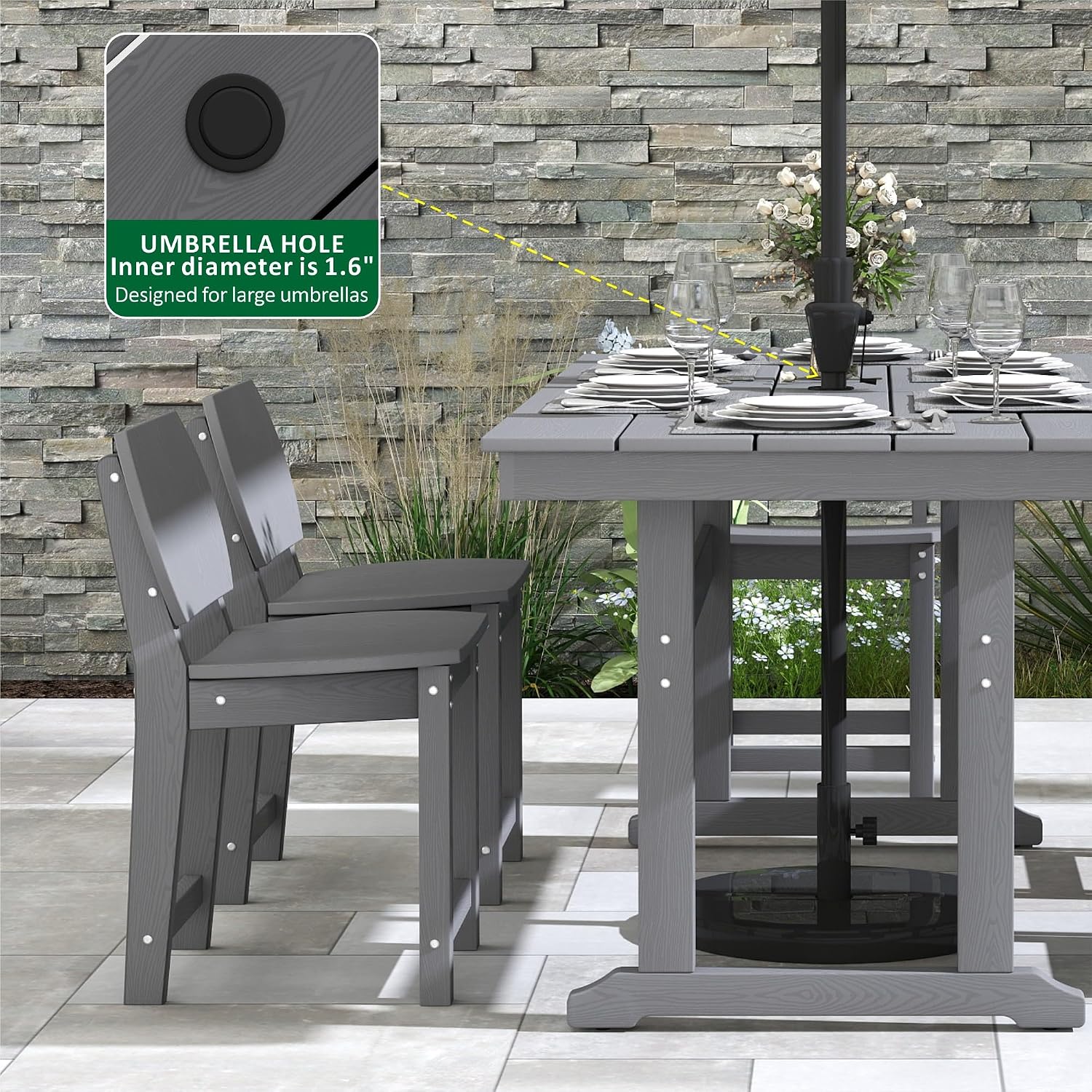 Patio Table and Chairs Set,HDPE Outdoor Dining Set for 6 with Umbrella Hole,Weather Safe Patio Dining Set for Garden, Backyard, Poolside Gray