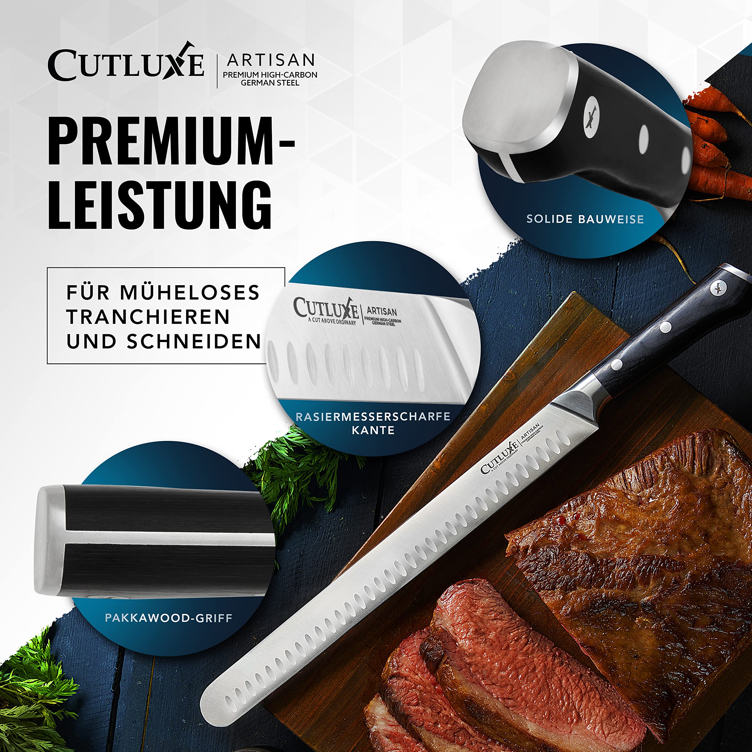 Cutluxe Dönermesser Schinkenmesser – 30cm Tranchiermesser, Fleisch- und BBQ Messer– Deutschem Stahl, Volltang & ergonomisches Griffdesign mit Scheide – Artisan Serie
