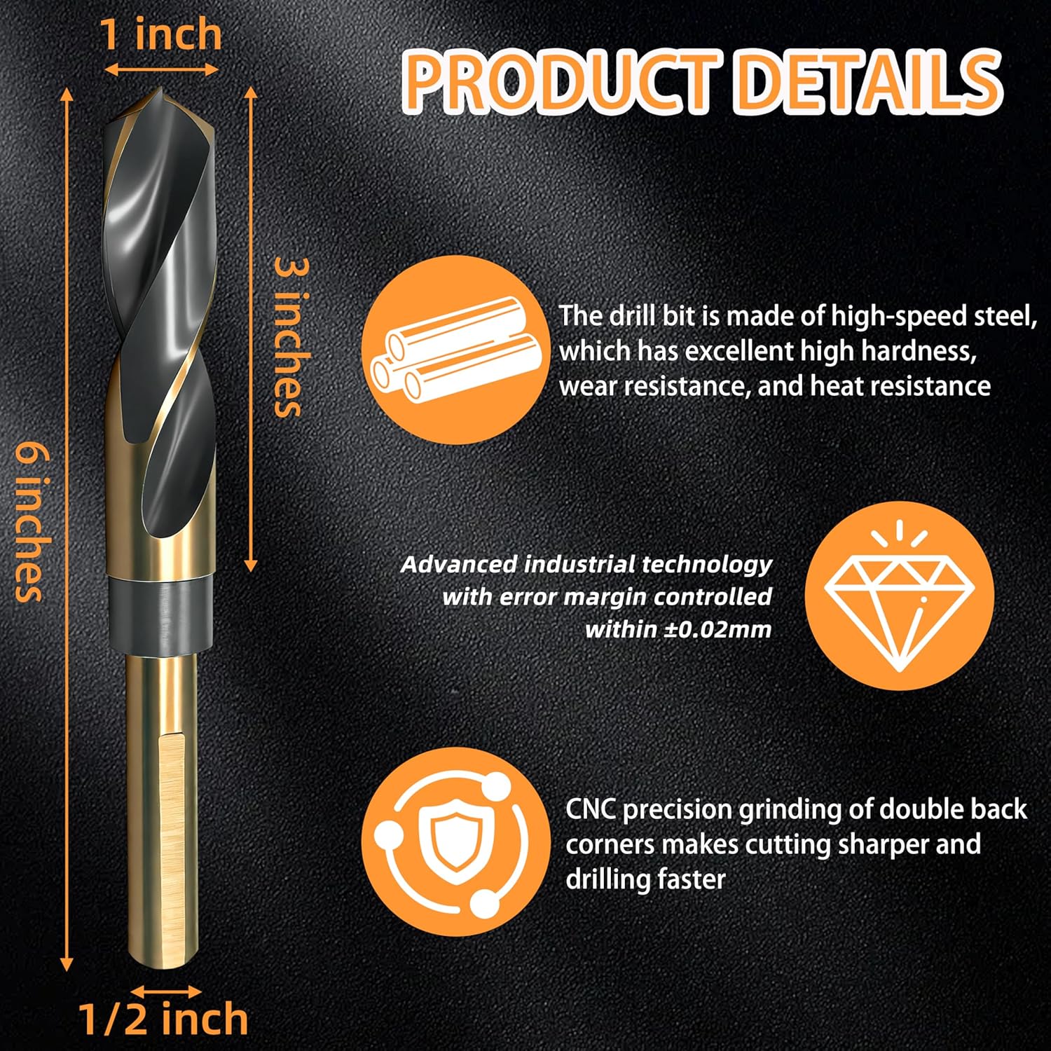 1 Inch Drill Bit,Reduced Shank Drill Bits for Metal Wood and Plastic,4241 High Speed Steel Black & Gold Drill Bit with 1/2 Inch Shank