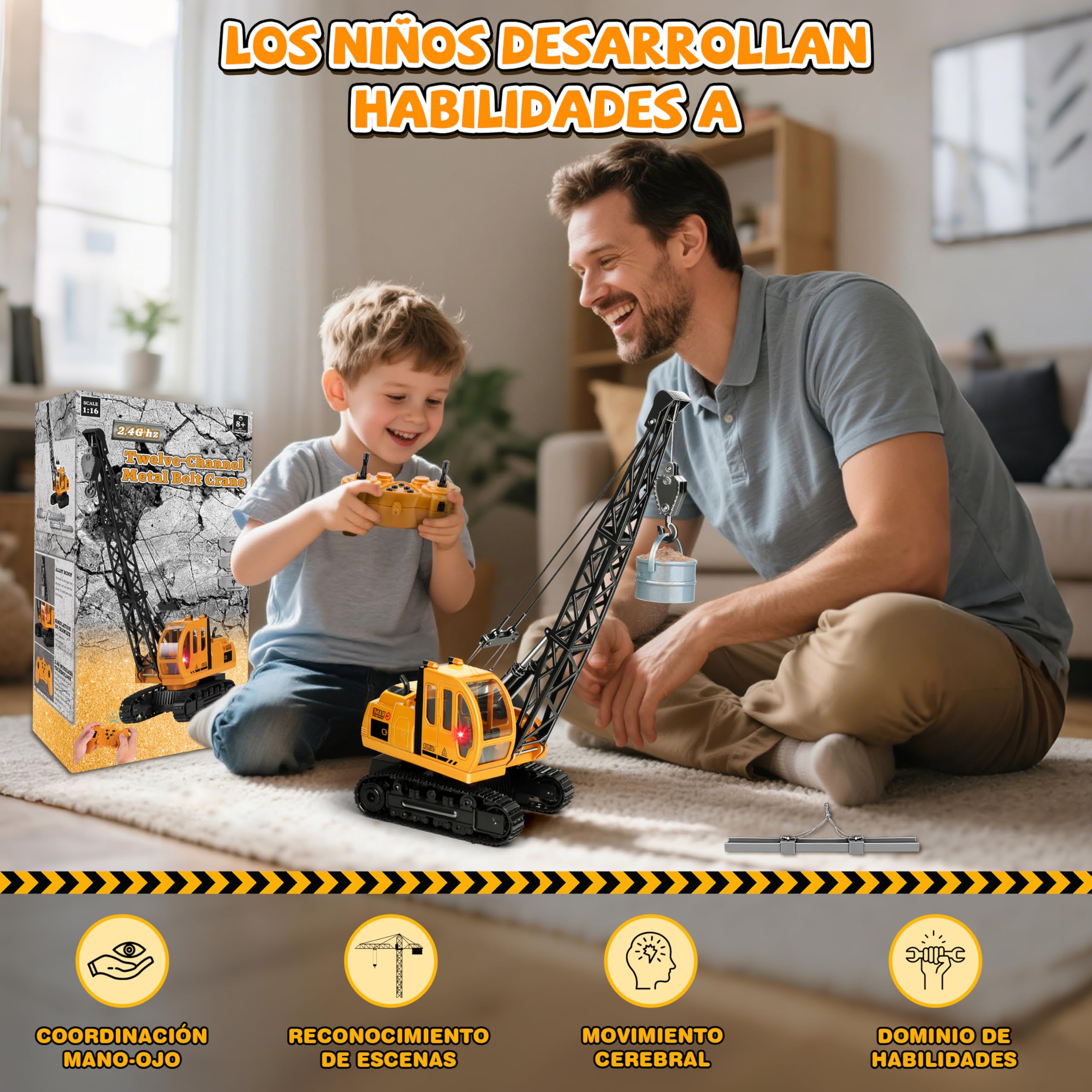 Joellfuner 1:14 Grúa de Juguete, 2,4G Grúa Teledirigida con Luces y Sonidos Realistas, Gruas de Juguete para Niños con 2 Herramientas, Regalo para Niños de 3 a 12 Años (Extra Grande)