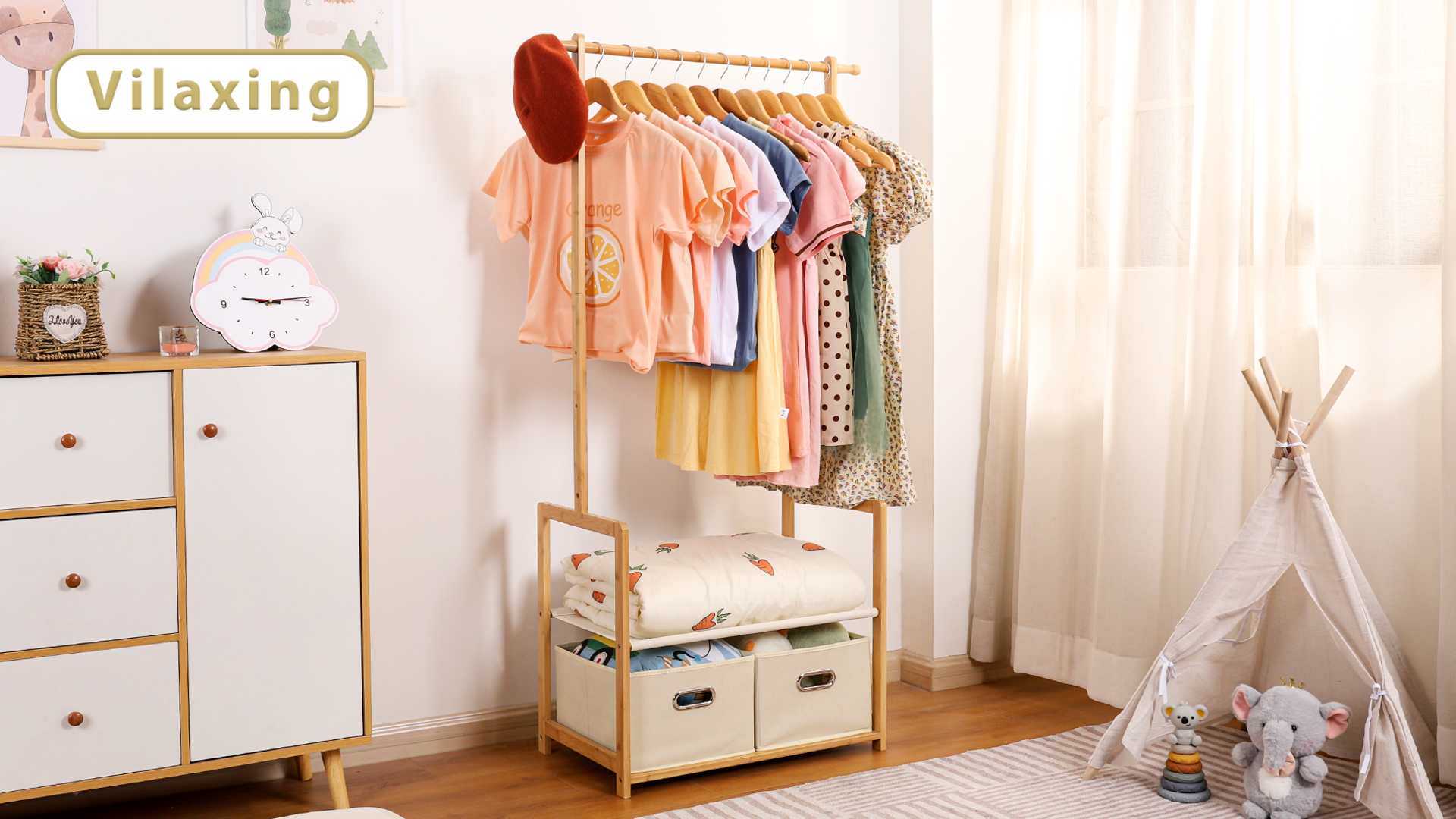 Kids Clothing Rack Amazer With Storage Boxes – Double Rod Bamboo ...