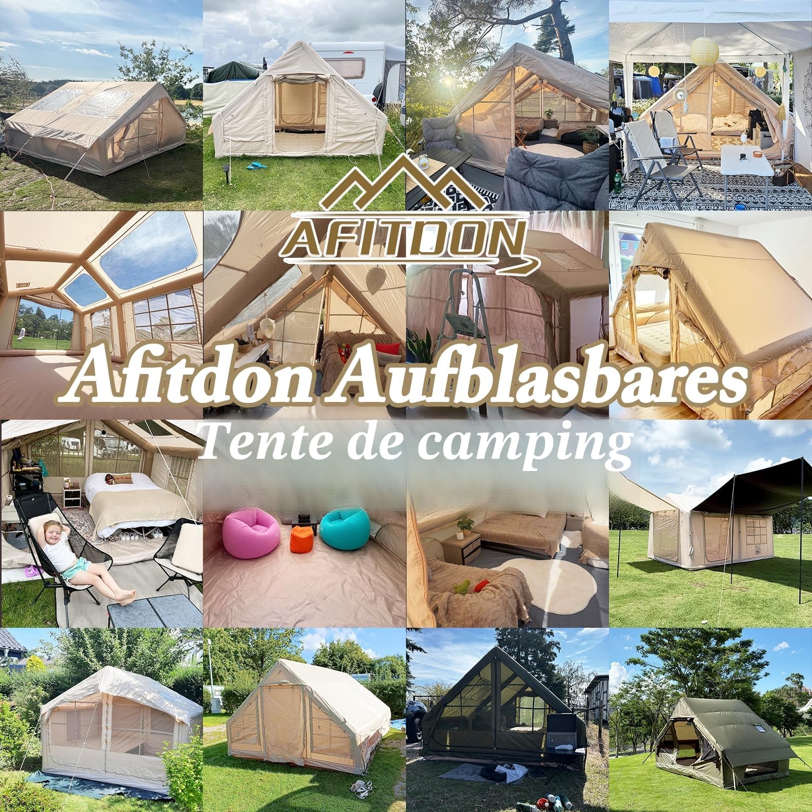 Tente de camping gonflable avec ouverture de cheminée et fenêtre de toit, tente d'extérieur pour 2 à 10 personnes, avec pompe à air, en tissu Oxford imperméable, pour 4 saisons, montage rapide