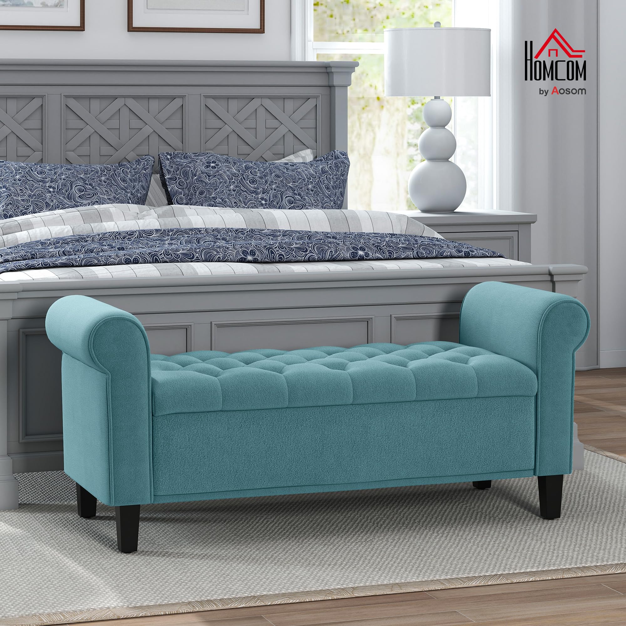 HOMCOM - Banco de almacenamiento para cama con reposabrazos, baúl de almacenamiento de tela aterciopelada acolchada y acolchada, carga hasta 120 kg, para salón, dormitorio, entrada, 126 x 48,5 x 57 cm