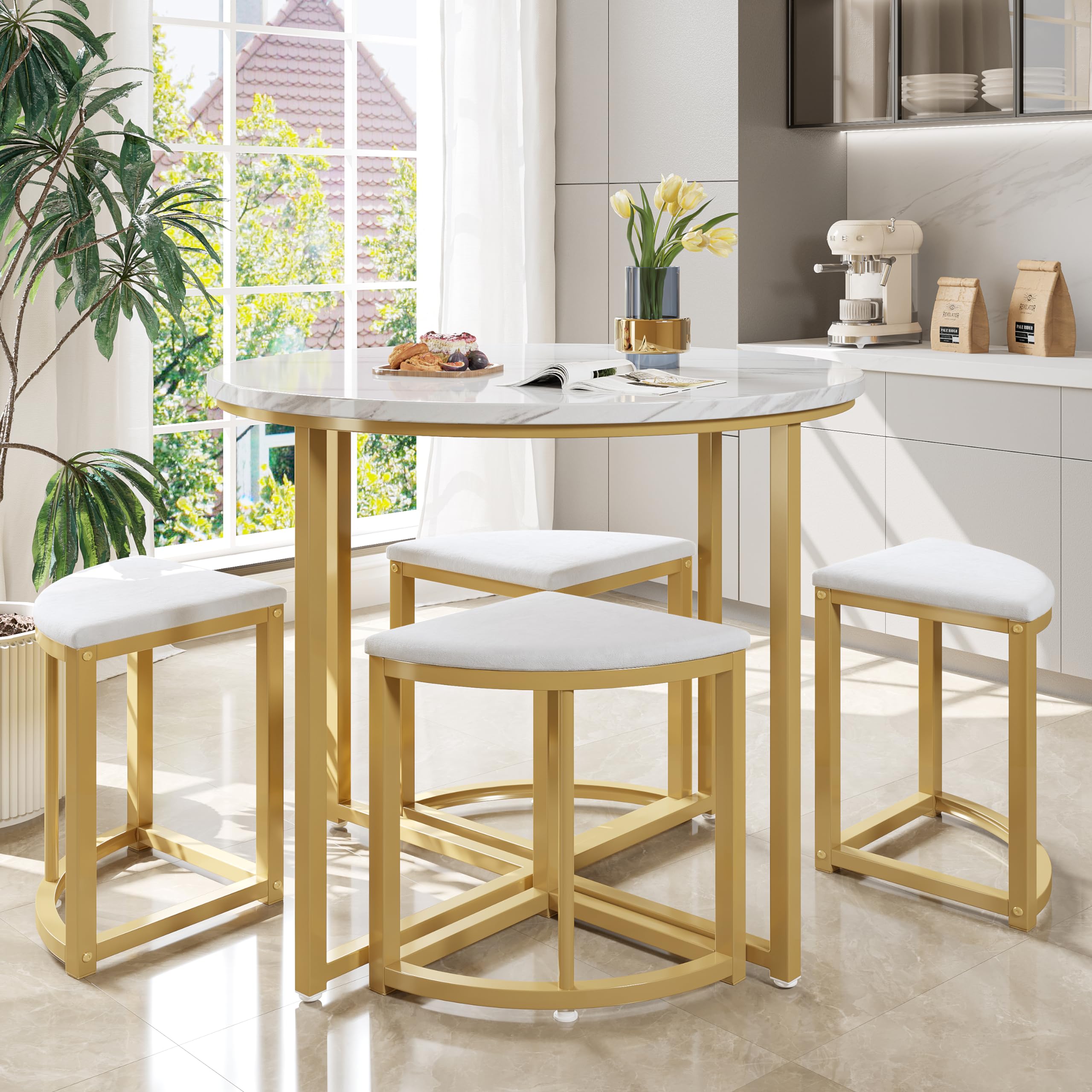 Lexiou Set tavolo da pranzo con quattro sedie, set da pranzo con piano in MDF e telaio in ferro dorato, sedia in velluto, moderni tavoli e sedie di lusso (bianco)