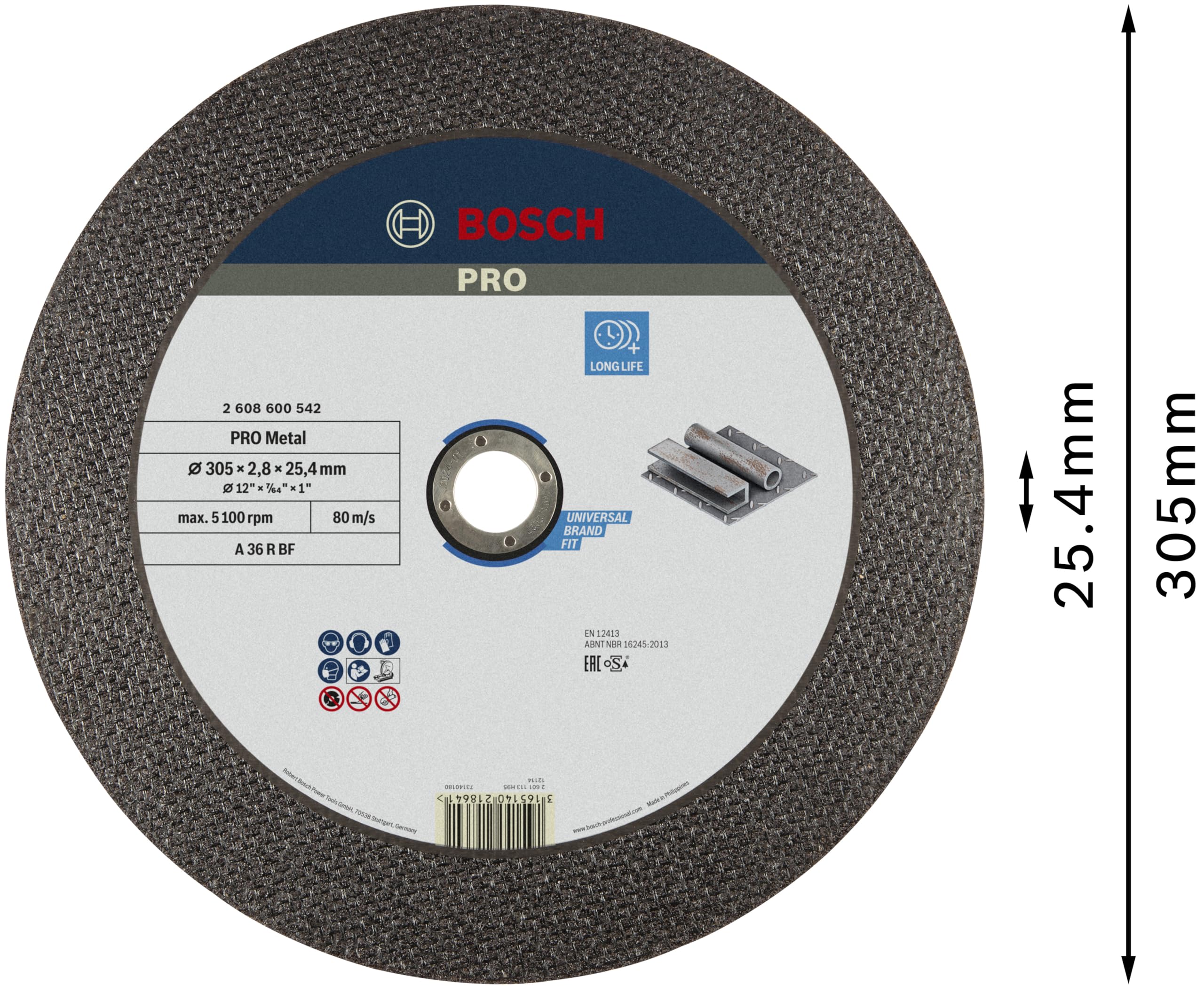 Bosch 1x Mola da taglio PRO Metal di lunga durata per troncatrici, foro 25,4 mm (per Acciaio, Ø 305 mm, Professional Accessorio Troncatrice)