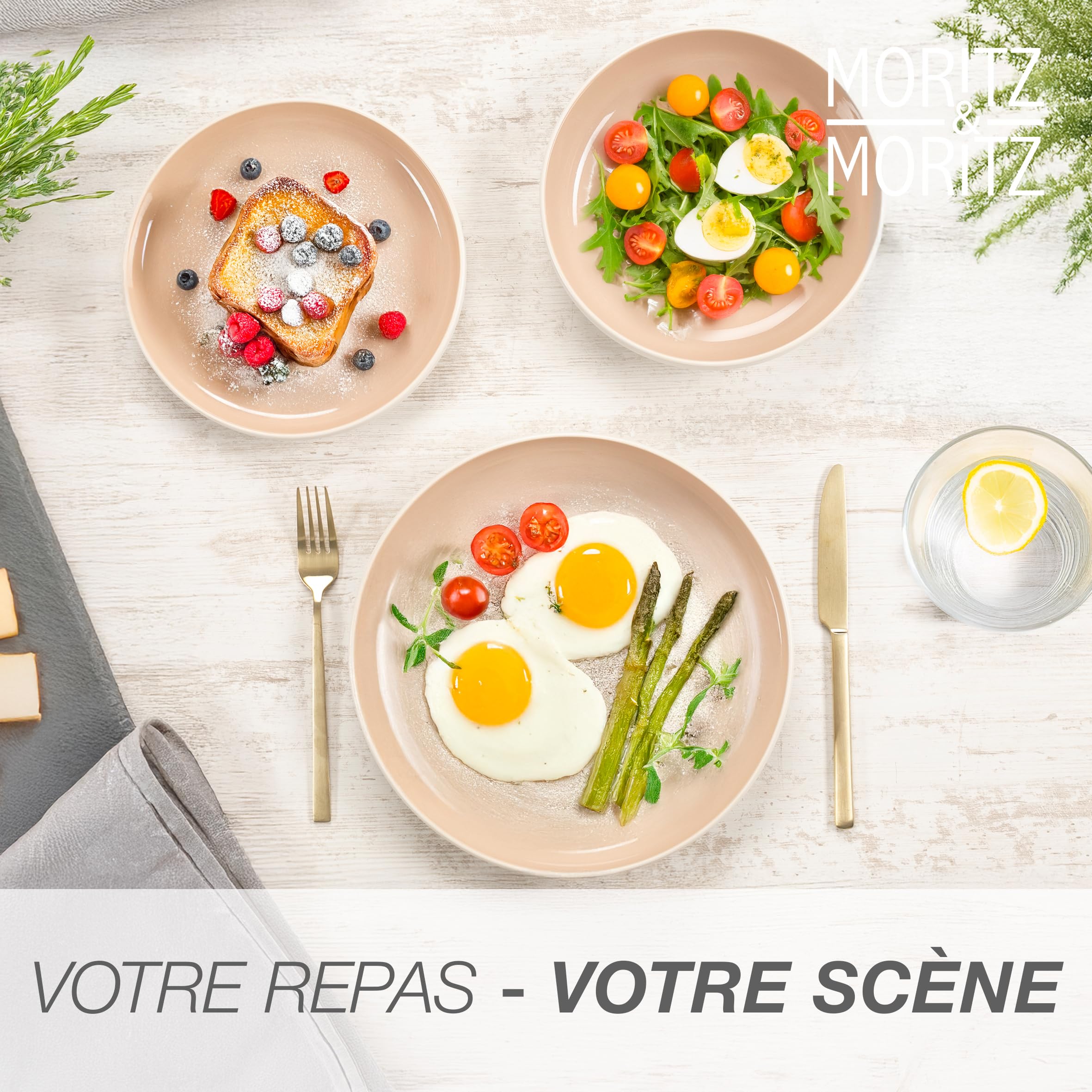 Moritz & Moritz CAVO Service de table 18 pièces pour 6 personnes Almond – Assiettes en grès – Service de table moderne avec assiettes plates, assiettes à dessert et bols à soupe – Élégant et robuste