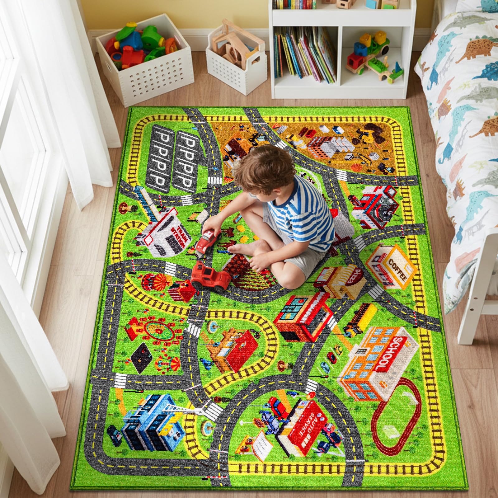 Spielteppich Kinder – Autoteppich mit Straßenmotiv, rutschfeste Spielmatte für Autos & Lastwagen, Kinderteppich für Spielzimmer, Schlafzimmer, Straßenteppich für Jun (3D-Straßenszene, 200X135 CM)