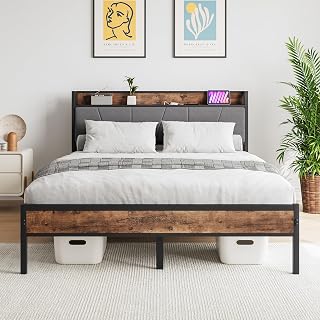 BOFENG Queen Bed Frame with Upholstered Storage Headboard/Charging Station,Metal Platform Bed Frame Queen Size with Strong Slats Support,No Box Spring Needed,Mattress Foundation,Noise Free,Brown