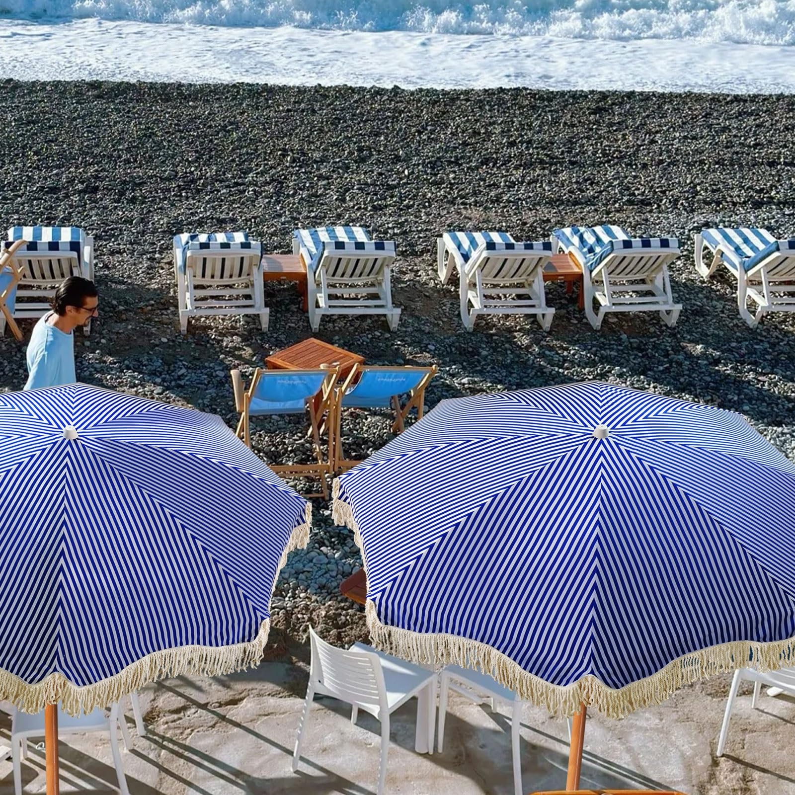Parasol przeciwsłoneczny na patio przenośny z nachyleniem, 8 solidnych żeber, drążek 3,20 cm, niebiesko-białe paski na targ plażowy