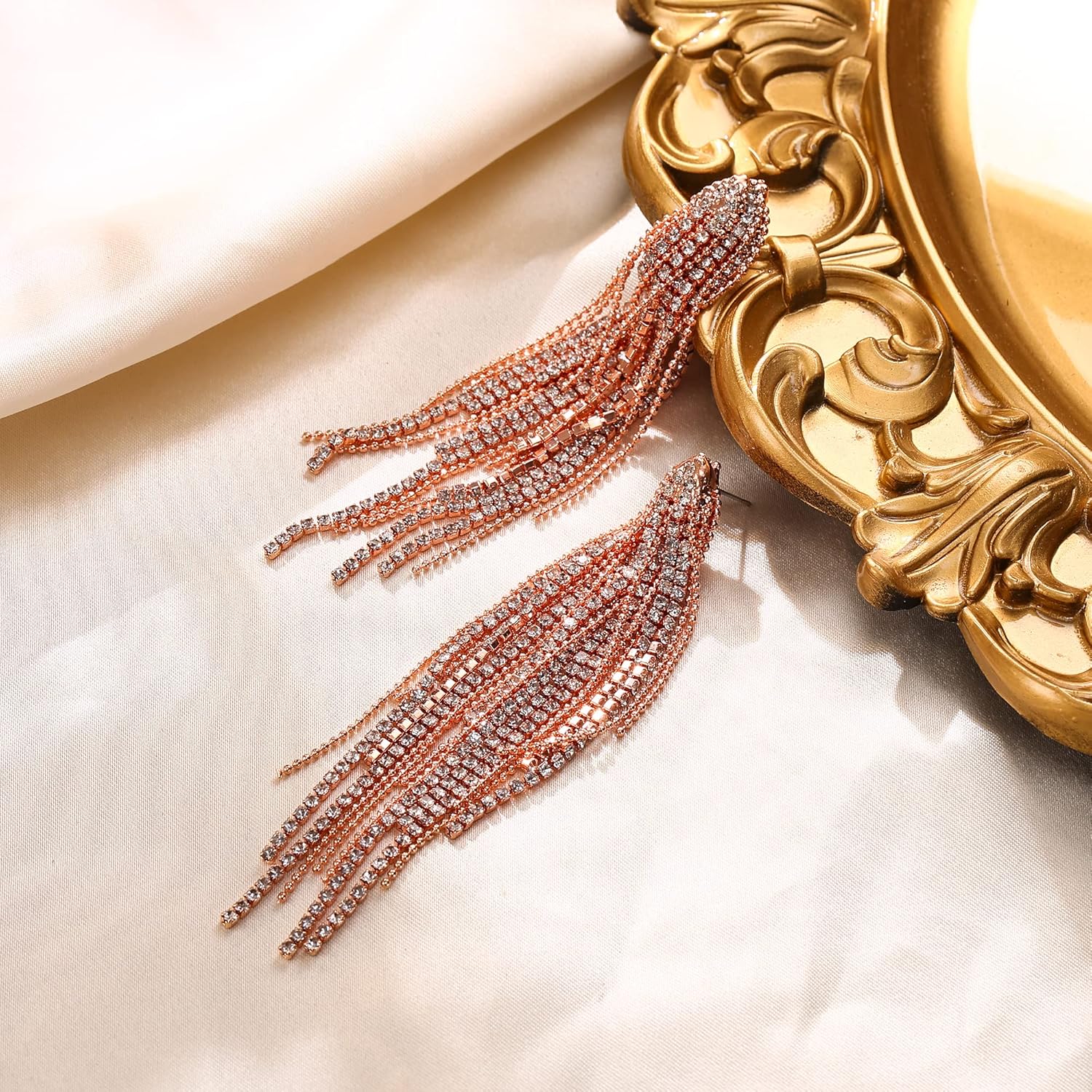 Flyonce Sparkly Rhinestone Chandelier Earrings, Wedding Bridal Crystal Statement Tassel Long Dangle Earrings fo Women s - Image 4