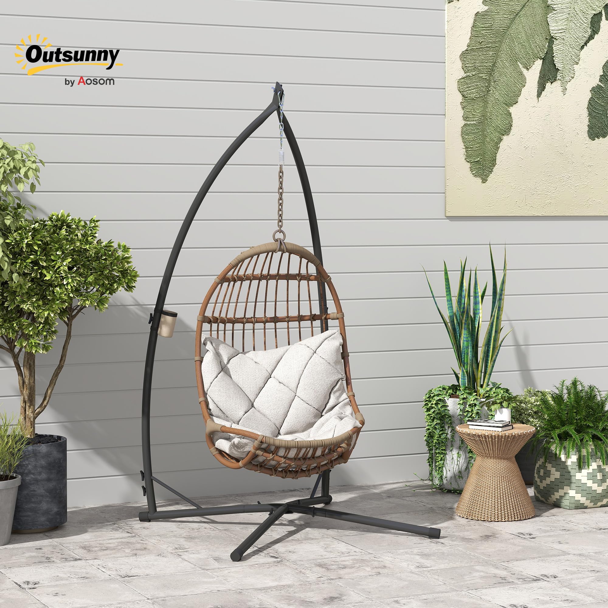 Outsunny Soporte para Silla Colgante de Huevos Altura 215 cm con Estructura de Acero Base Estable y Portavaso Soporte para Silla Columpio para Patio Jardín Balcón Carga 150 kg Negro