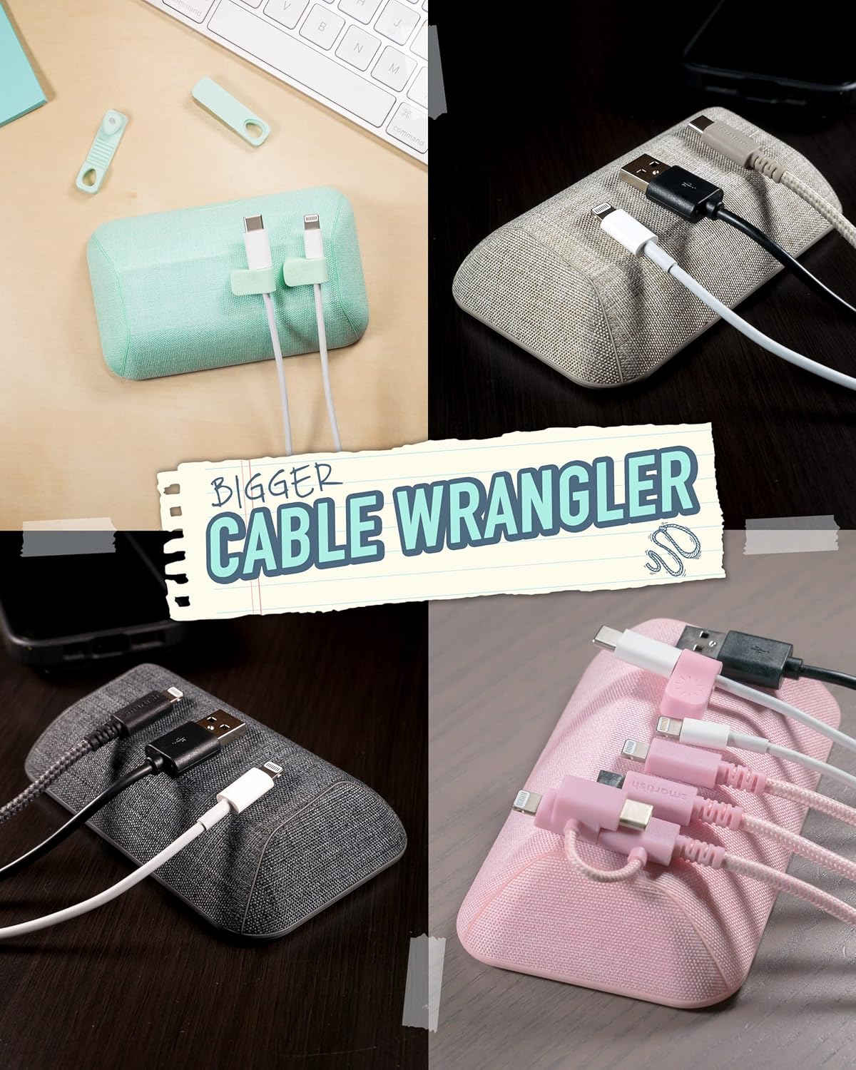 Smartish Bigger Cable Holder and Charger Combo Bundle - Cable Wrangler Organizer with 3-in-1 Universal Charging Cable - I'm Blushing