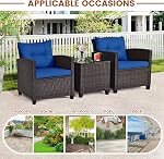 ORALNER 3 Pieces Wicker Patio Furniture Set, Outdoor Conversation Set Rattan Chairs with Soft Cushions, Glass Coffee Table, Bistro Set for Front Porch Balcony Garden Deck Poolside (Navy Blue)