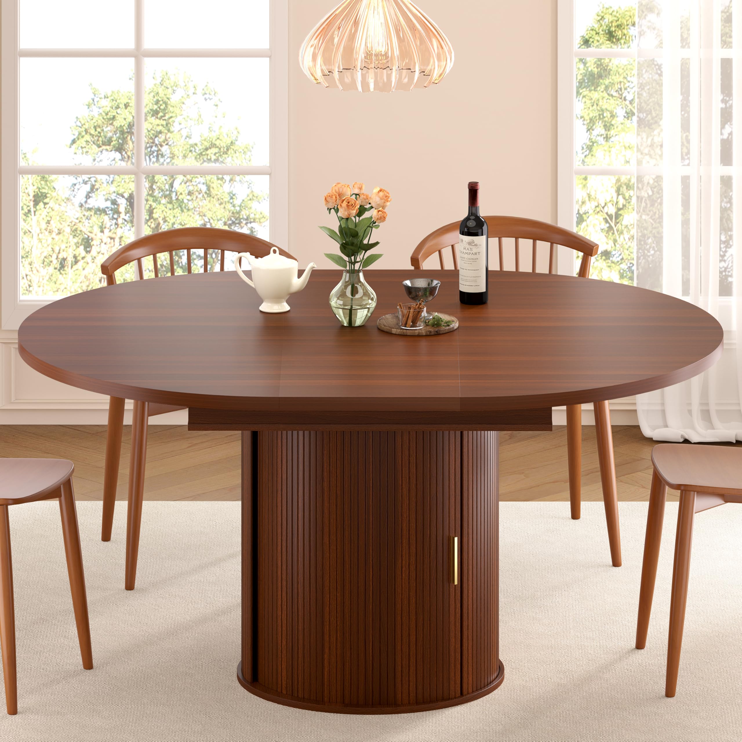 DHH 47"-63" Extendable Round Dining Table for 4–8 with Storage, Mid Century Modern Farmhouse Wood Oval Dinner Table with Pedestal Base for Kitchen, Living Room (Walnut)