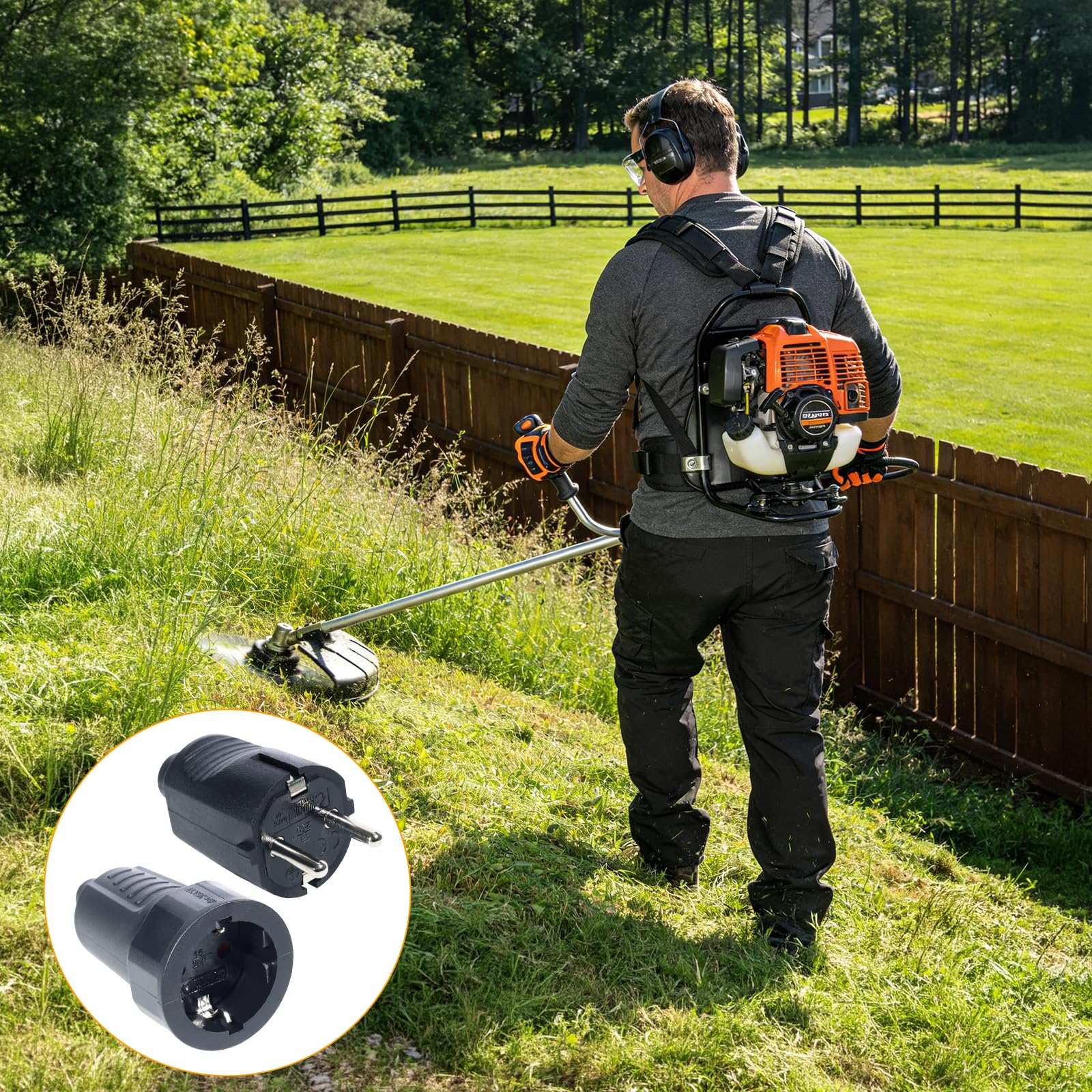 Kit de 3 Enchufes Schuko 250V IP44 – Clavija Enchufe Macho y Hembra con Alivio de Tensión para Interior y Exterior, 16A | 2 polos | Carcasa de Goma (Negro)