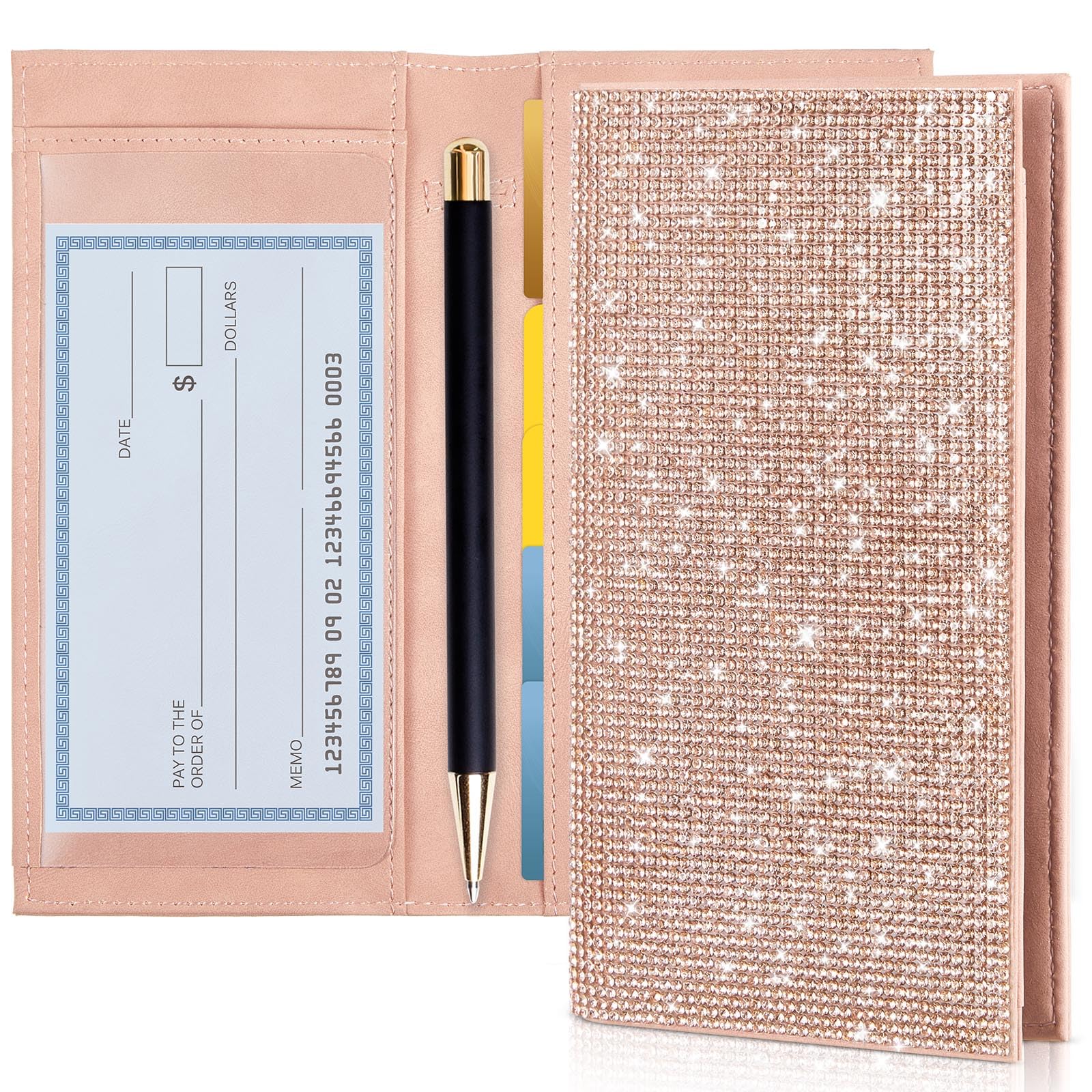Rhinestone Checkbook Cover for Women, Rfid Blocking PU Wallet Rose Gold