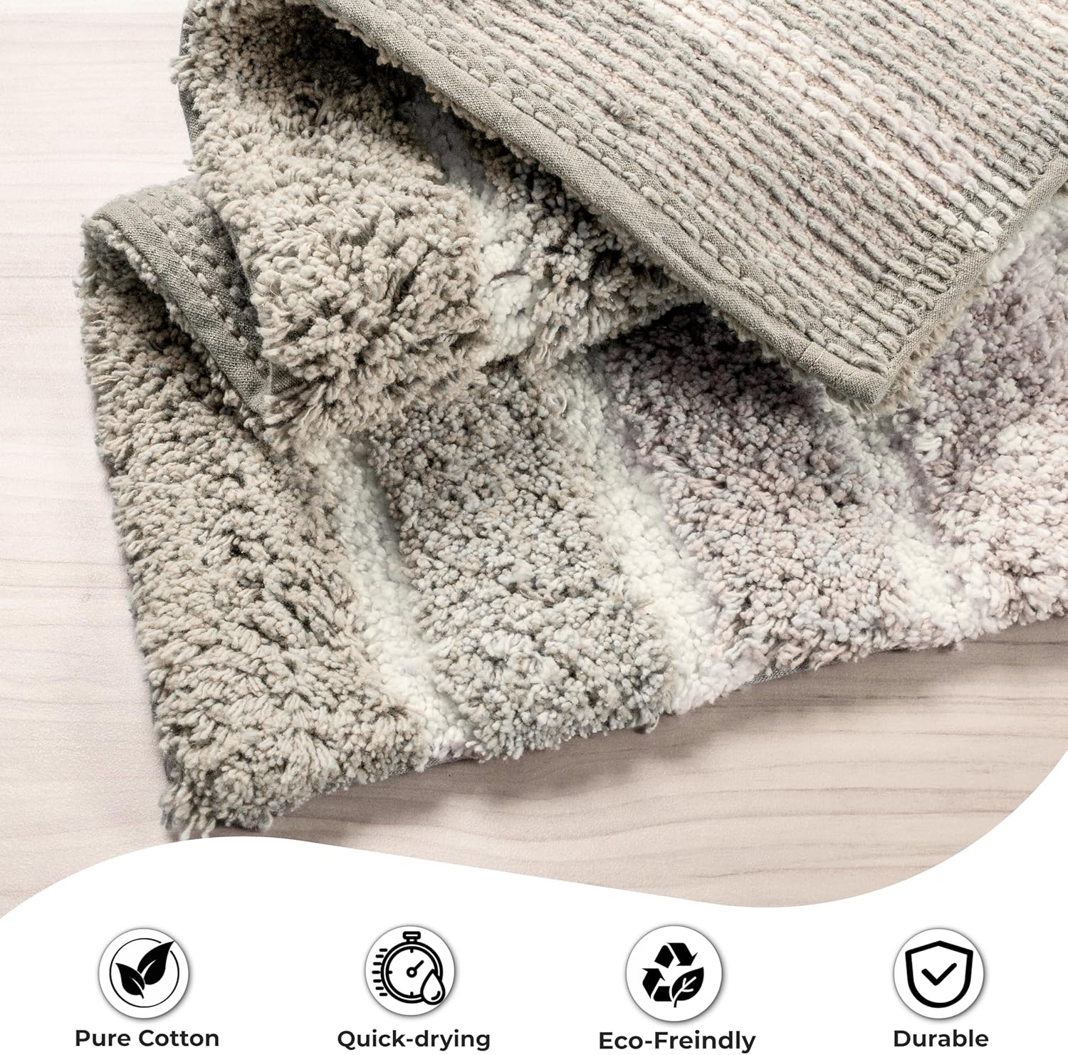 Ramanta Home Alpine Stripe 100% Cotton Bath Rug Set of 2 - Light Grey, Non Slip Soft Absorbent Bath Rug Set for Bathroom, Kitchen, Machine Washable Floor Mats - 21x32 & 17x24 Inch