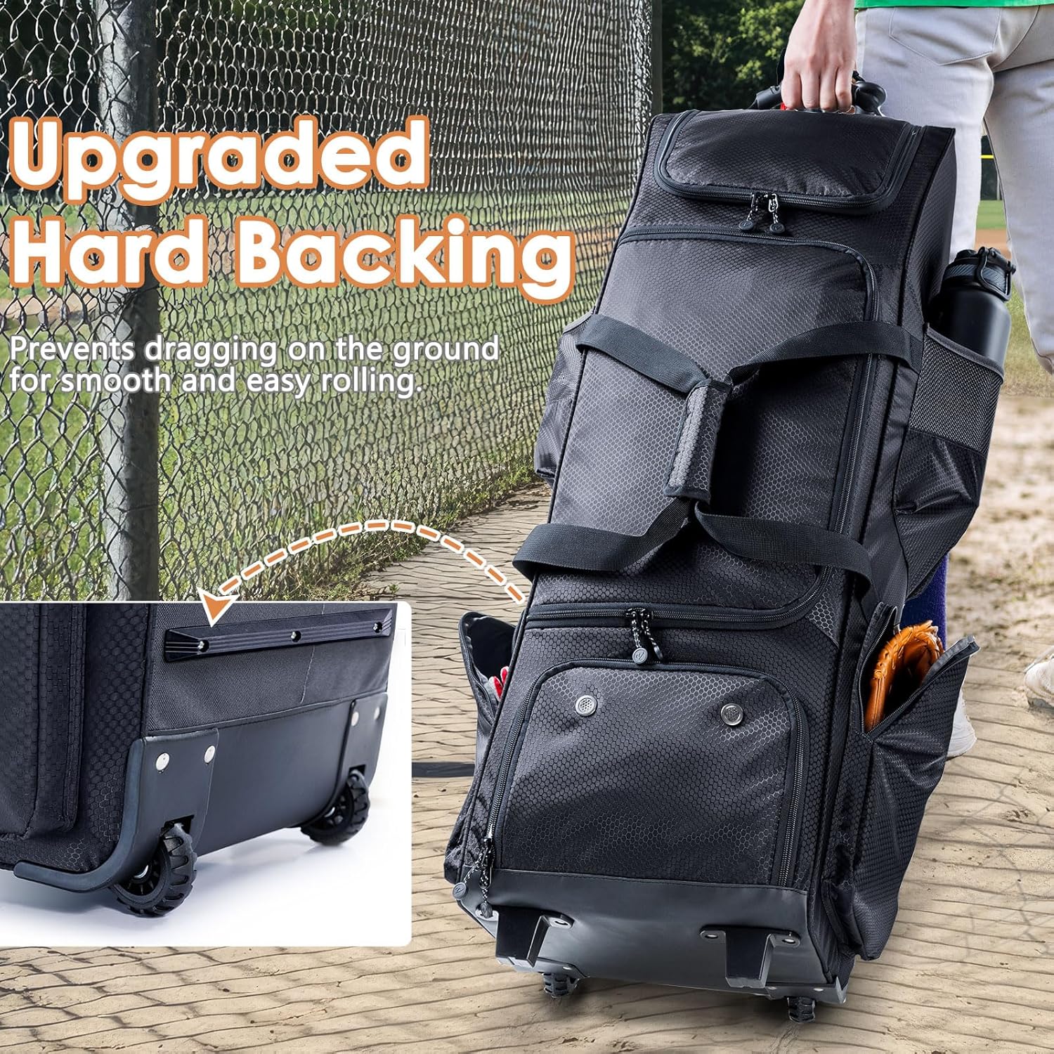 Upgraded Rolling Baseball Bag with Sturdy Hard Backing - Large Softball Bag with Wheels for 4 Bats, Large Team Equipment Duffle Bat Bag, Catcher Gear Bag for Boys 8-12, Youth, Adults - Image 2