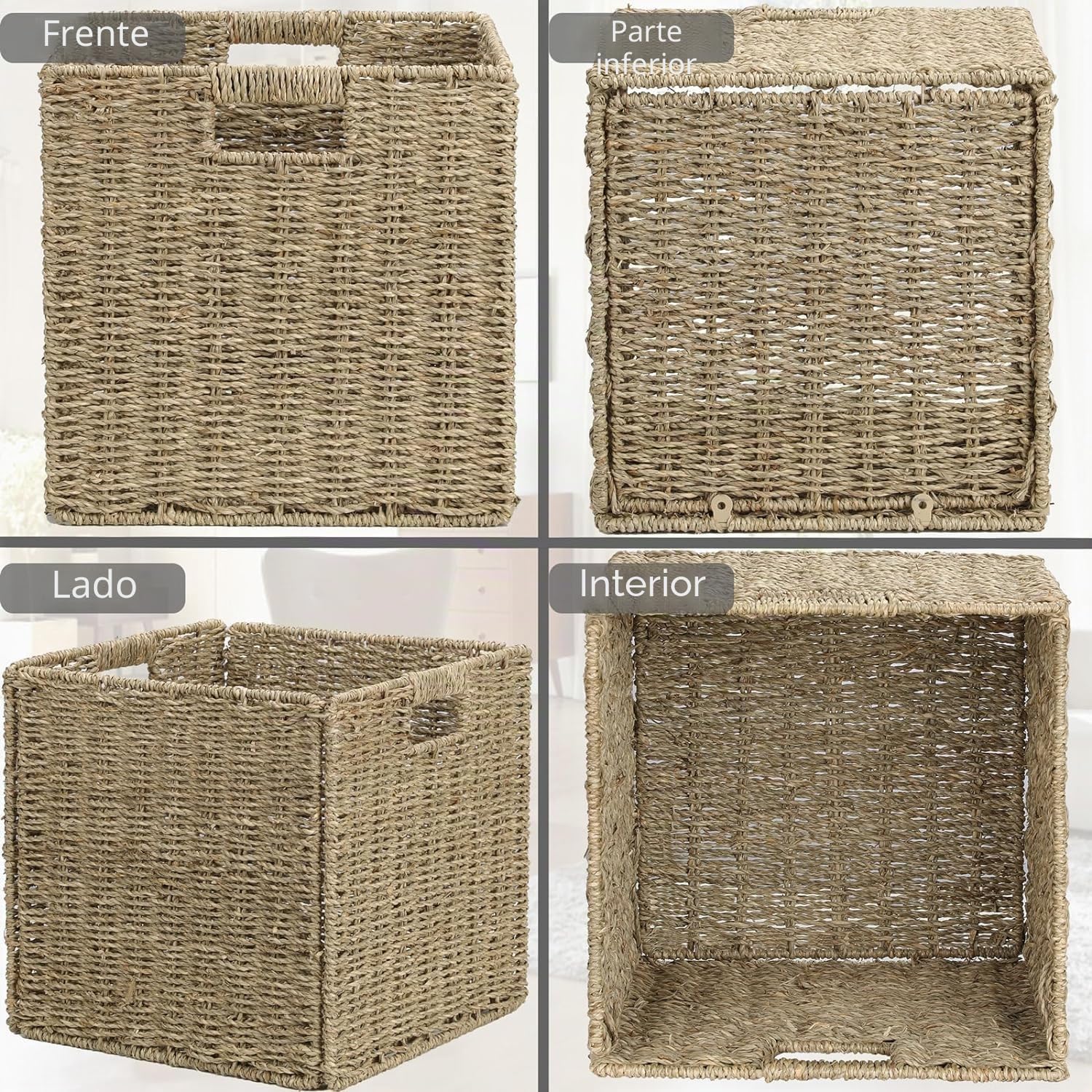 2 Cestas de Almacenaje, Cesta Mimbre Tejidas a Mano Cubo 28CM, Cesta Grande Plegable de Papel de Jacinto de Agua con Asas, Cesto Decorativo para Baño Estanterías Kallax Cocina