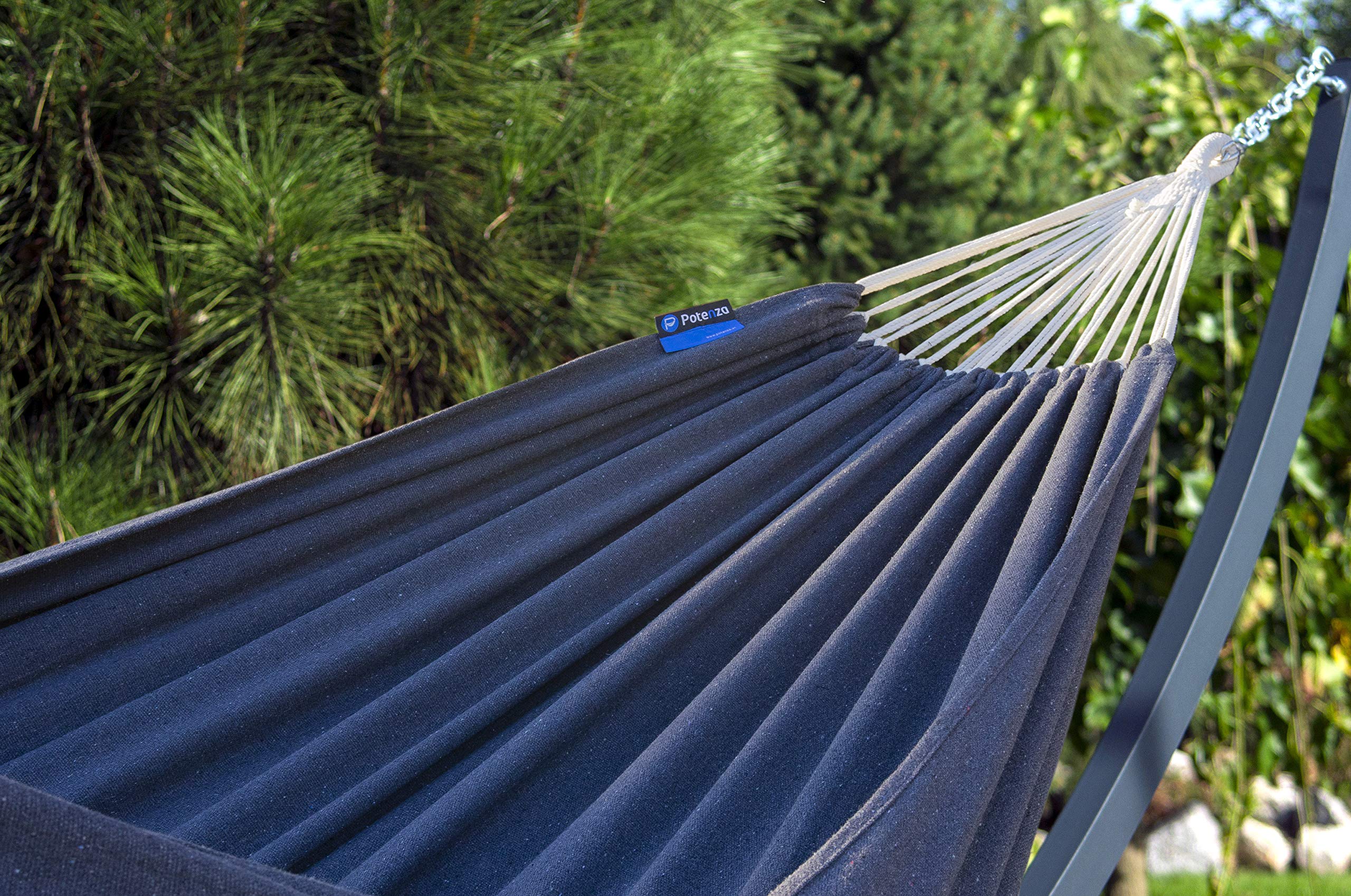 Potenza Outdoor Hängematte mit Gestell für 2 Personen I Baumwolle Doppelhängematte XXL 220x160, 200kg I Hängemattengestell 220kg, wetterfest (Grau, Basic Gestell Graphit)
