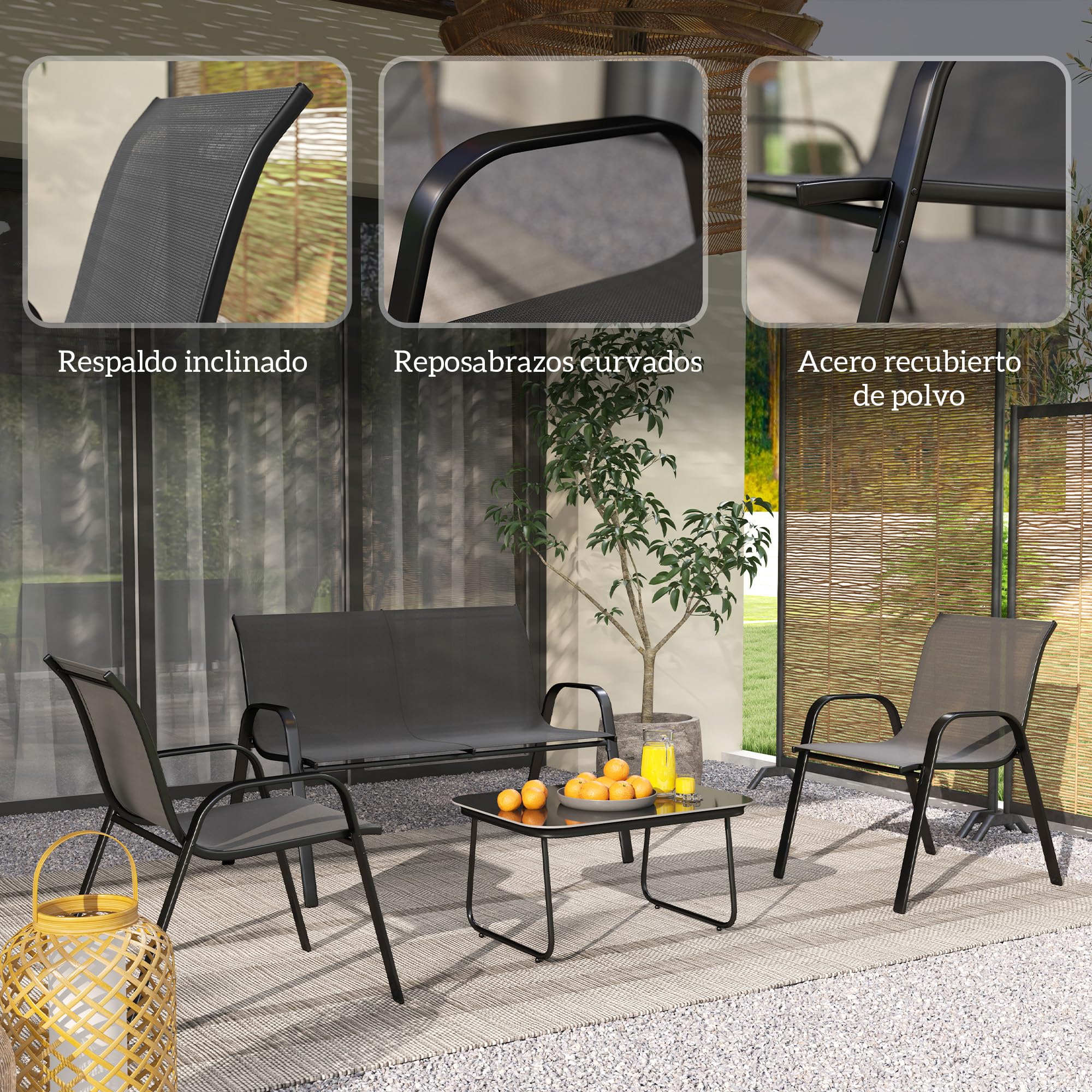 Outsunny Conjunto de Jardín Exterior 4 Piezas Muebles Jardín Exterior con 2 Sillones Apilables 1 Sofá de 2 Plazas y Mesa de Centro con Tablero de Vidrio Templado Negro