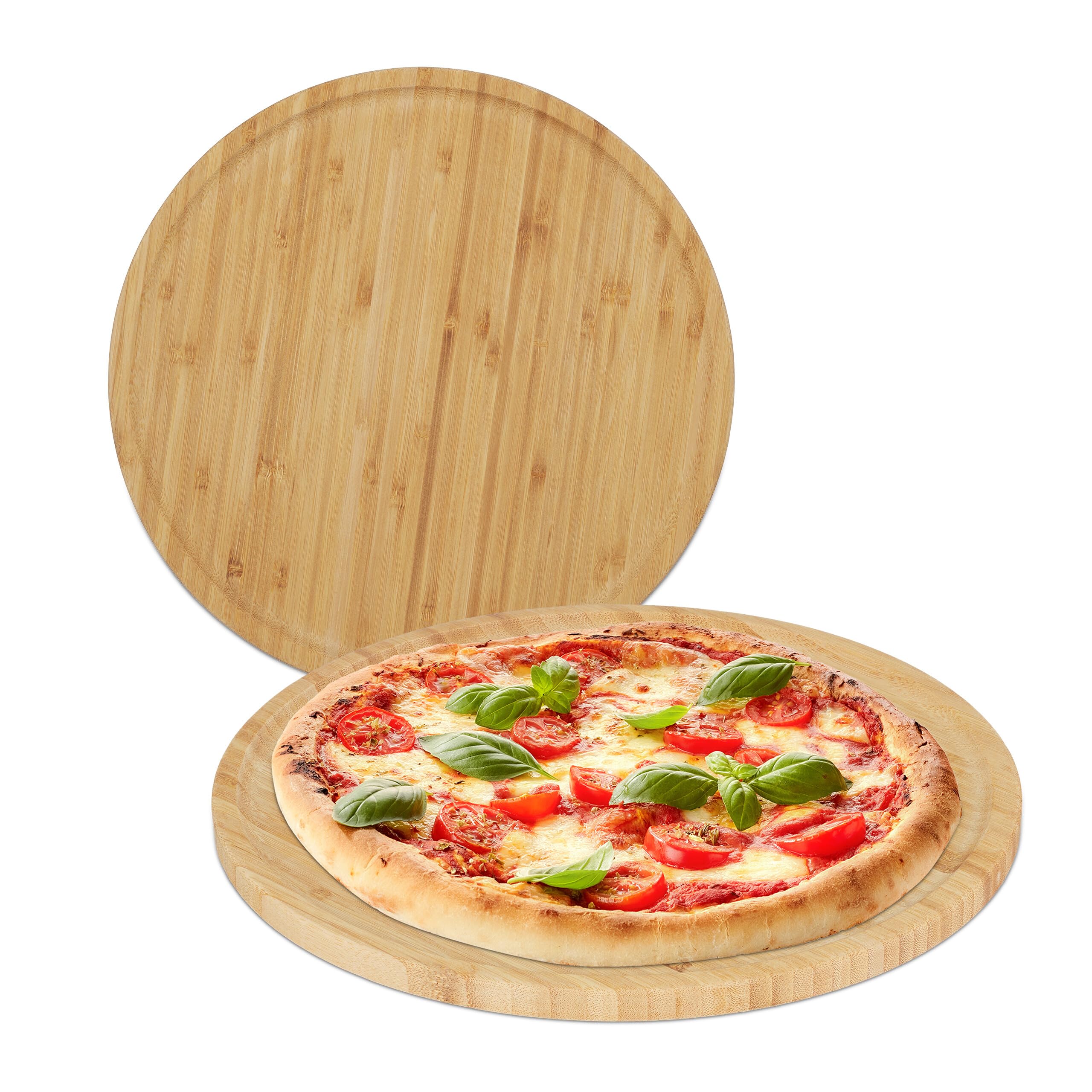 Relaxdays Set of 2 Pizza Boards, Natural Bamboo, Ø 32 cm, Serving Plate, Round Platter, Cheese & Charcuterie, Natural