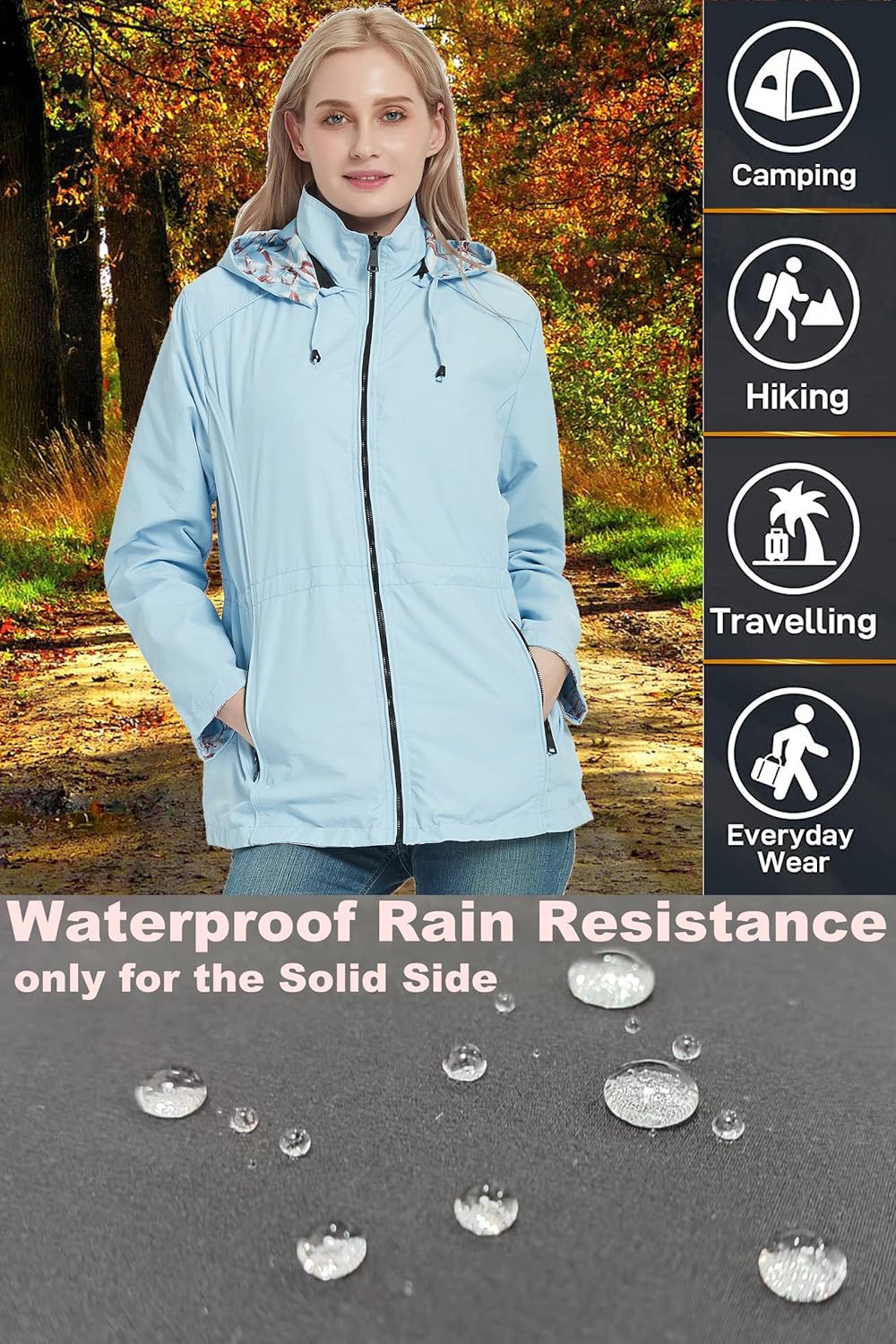 RISISSIDA Women Reversible Floral Print Jacket Hooded Spring Fall Fashion, Casual Lightweight Waterproof Thin Transition Coat