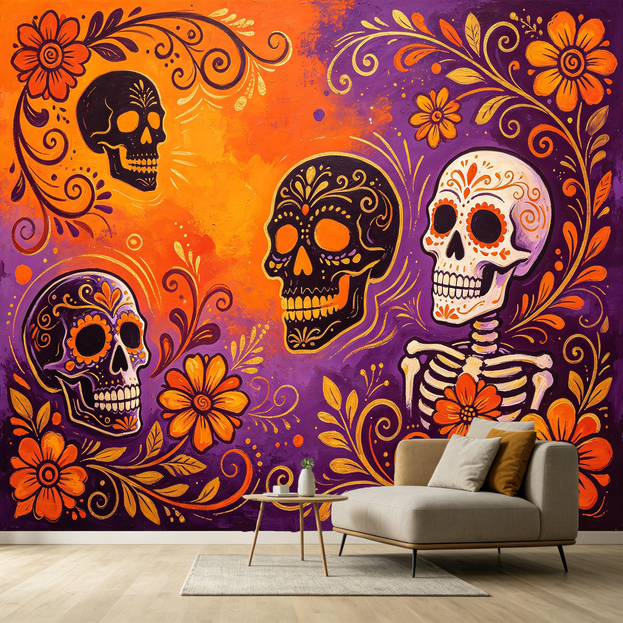 Custom Size Wall Murals Decorative Floral Skeleton Abstract Oil Painting Vibrant Ethnic Pattern SelfAdhesive Wall Fabric Removable Large Wallpaper for Photo Living Room
