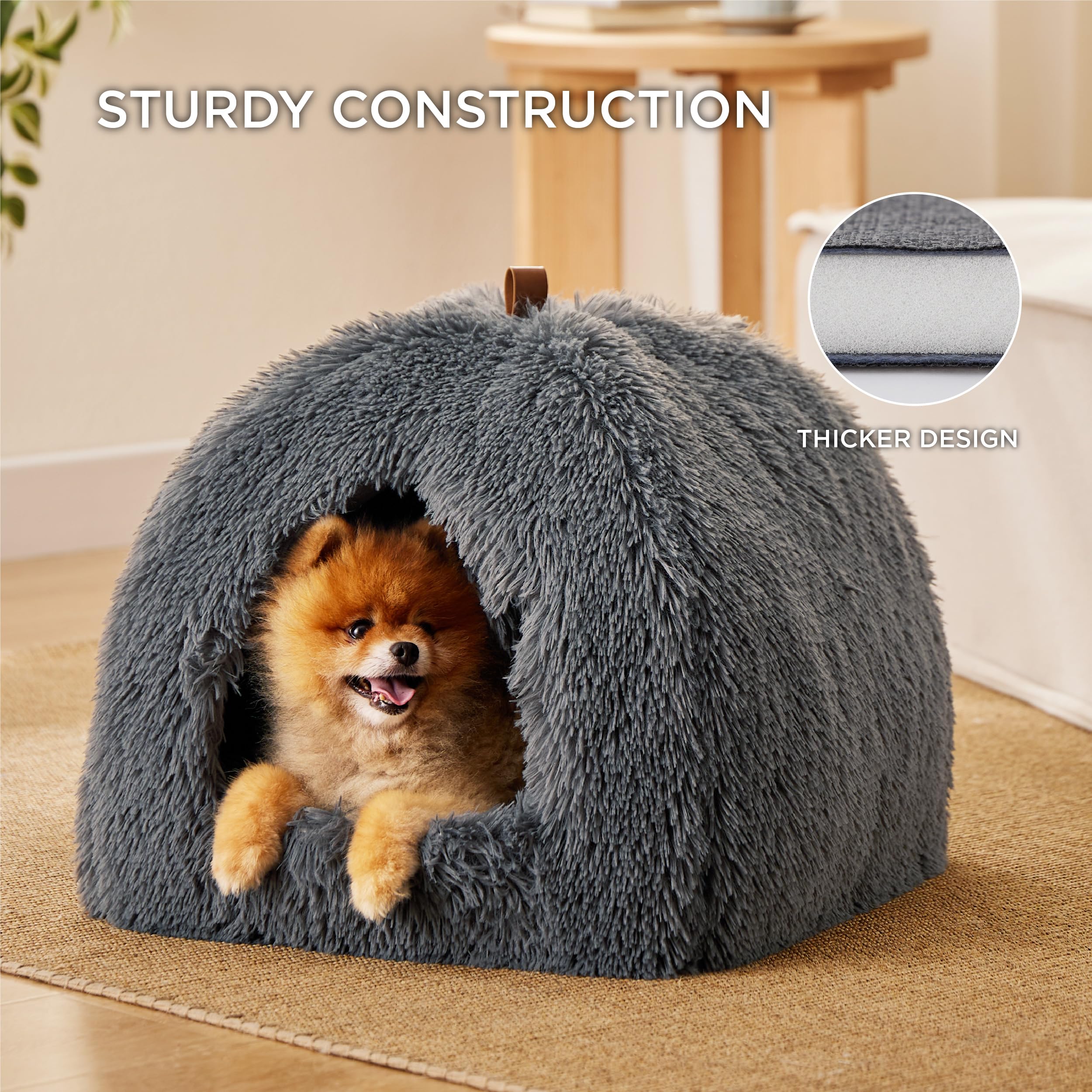 Bedsure Cat Cave Bed Igloo, Fluffy Cat Bed House with Removable Washable Cushion Pillow Foldable Portable Pet Bed - Image 2