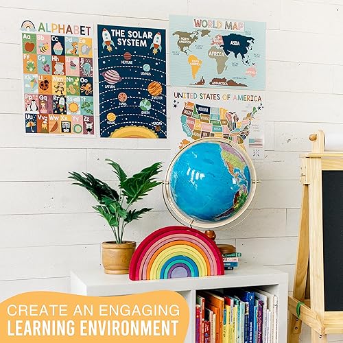 Miniatura 7 de Hadley Designs 4 carteles del alfabeto, mapa de Estados Unidos, mapa del mundo y sistema solar, gráficos ABC laminados para decoración de pared de
