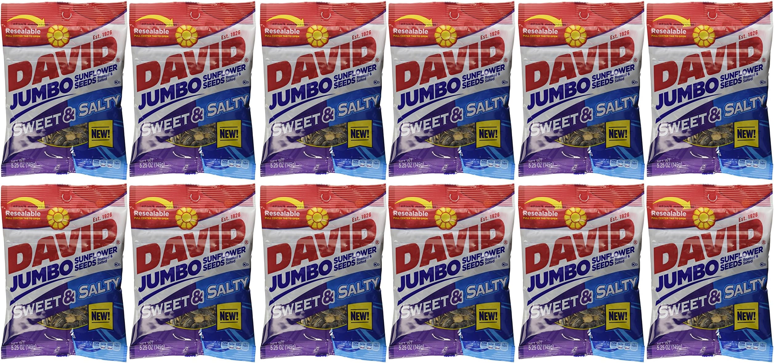 DAVID Sunflower Seeds Jumbo Sweet and Salty - Bag 5.25 oz each (12 Pack)