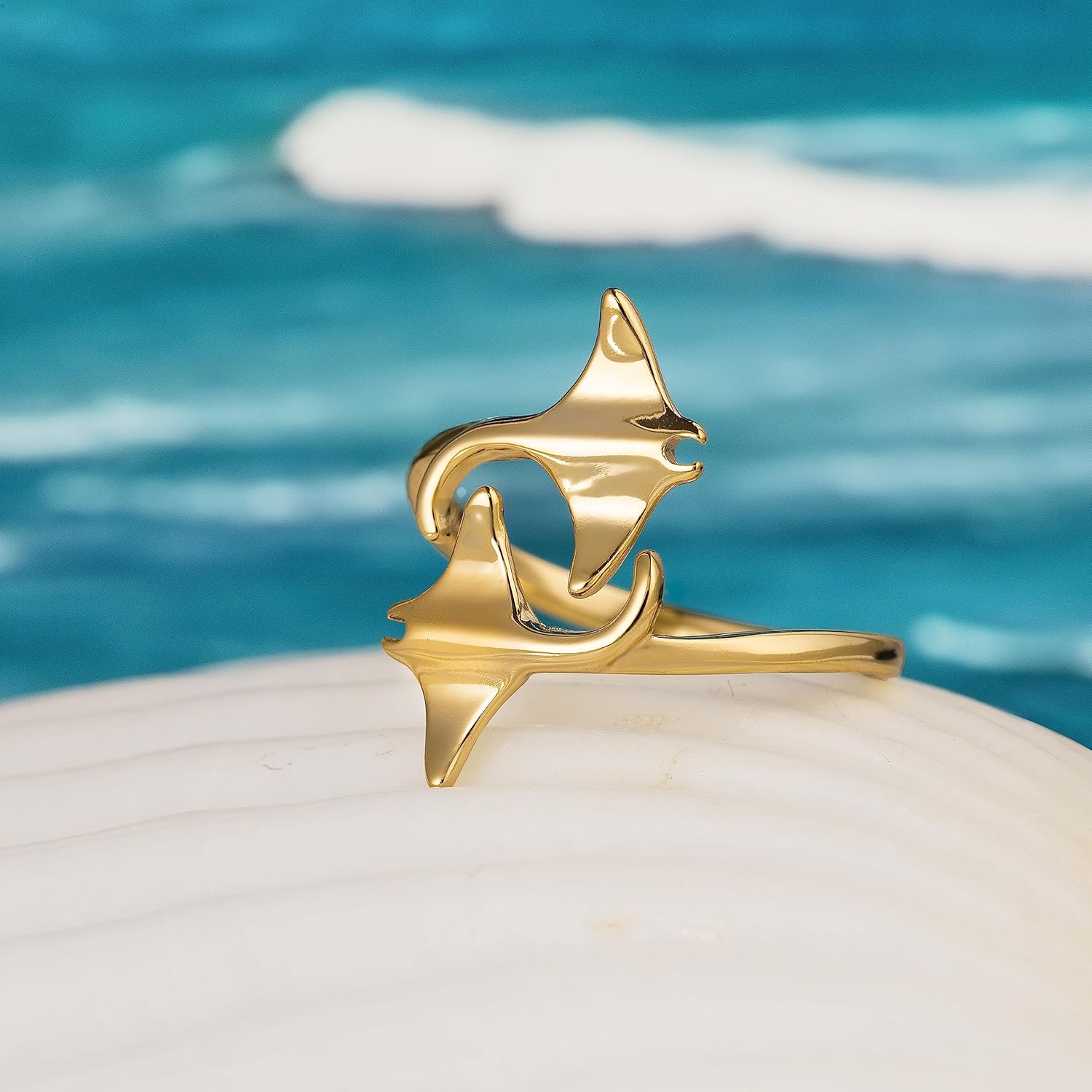925 Sterling Silver Two Manta Ray Adjustable Easy Resize Wrap Around Bypass Ring Eternity Band, 14K Gold Plated, Nickel Free Hypoallergenic for Sensitive Skin, Island Tropical Jewelry with Gift Box - Image 2