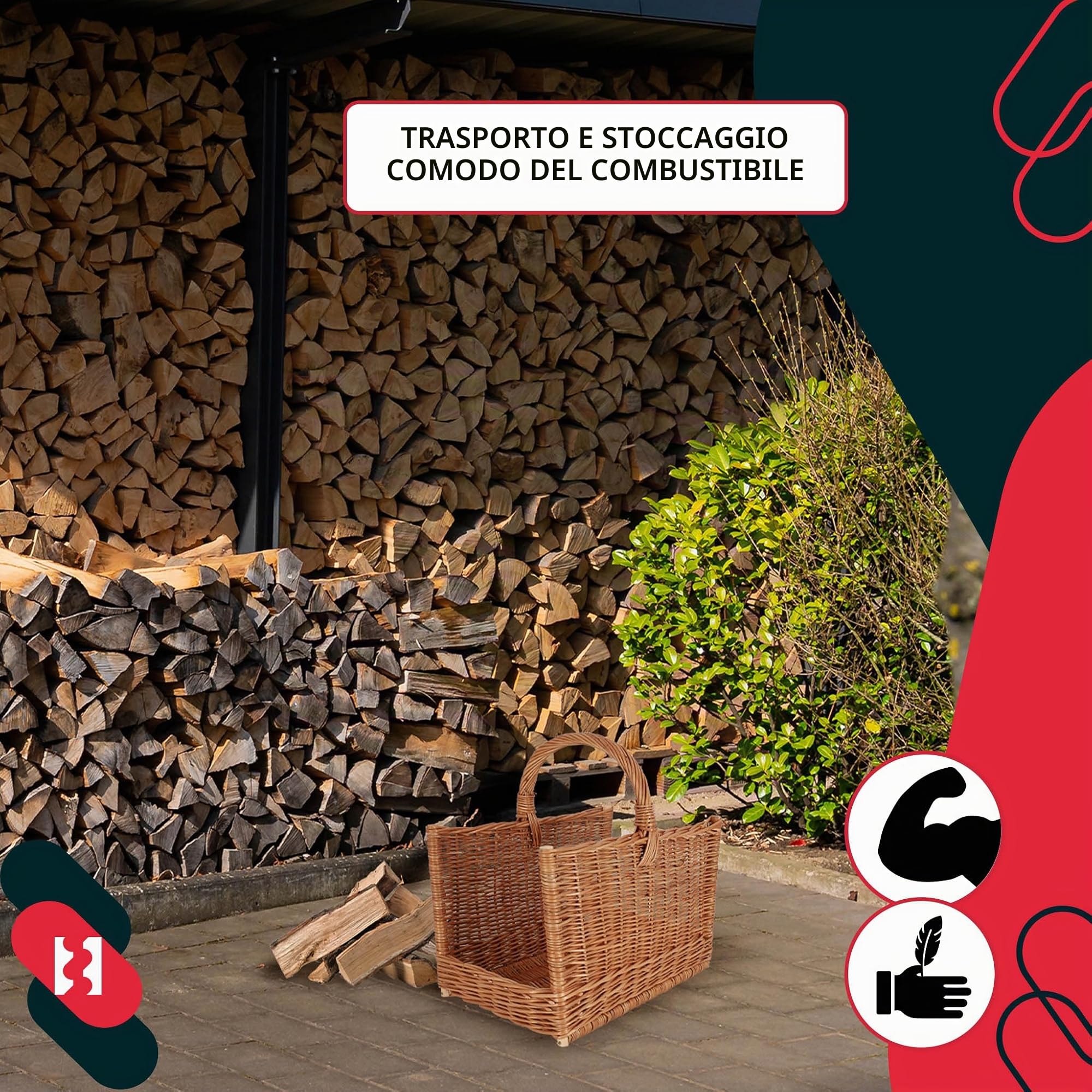 KOTARBAU® Cesto Vimini - 45x29x45 cm - Marrone - Cesta per Legna - con Manico - Cesto per Legna Camino - Rettangolare - Naturale - Robusto - per Interni Esterni