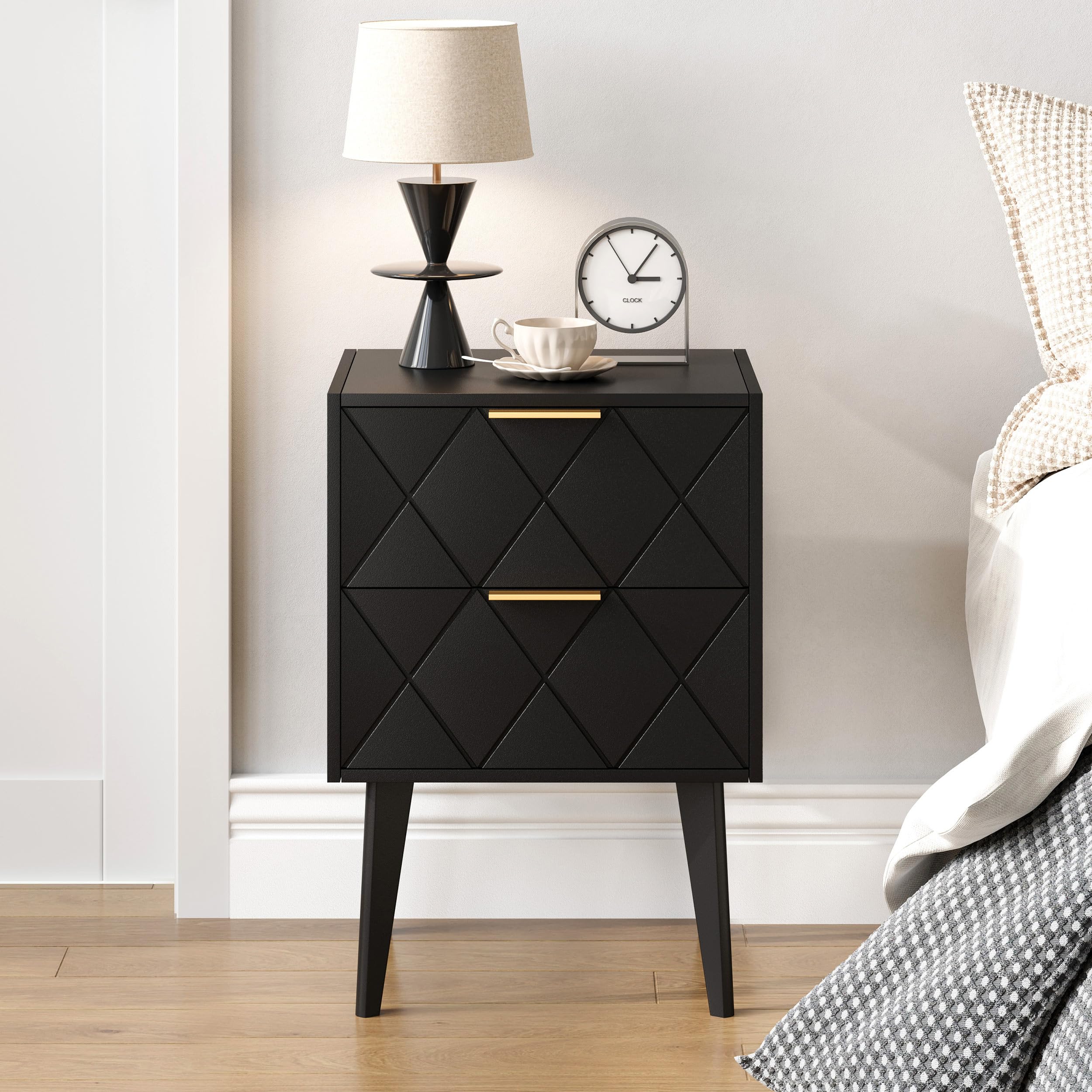 Table de Chevet Noire Style Moderne Et Élégant avec Deux Tiroirs