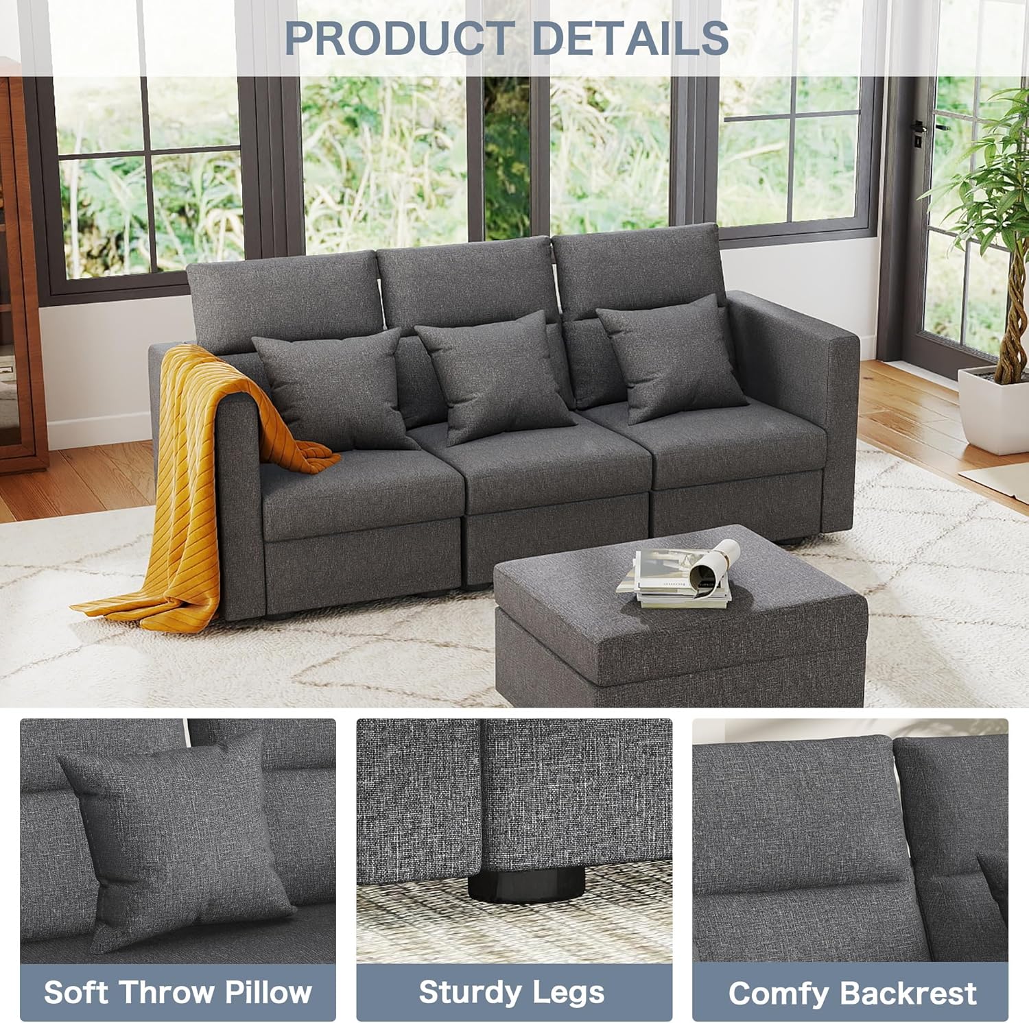 Grey Modular Sectional Couch: 57" Loveseat Sofa Set for Living Room, Modern Comfy Sofa with Ottoman, Linen Sectional Deep Seat Couch for Apartment