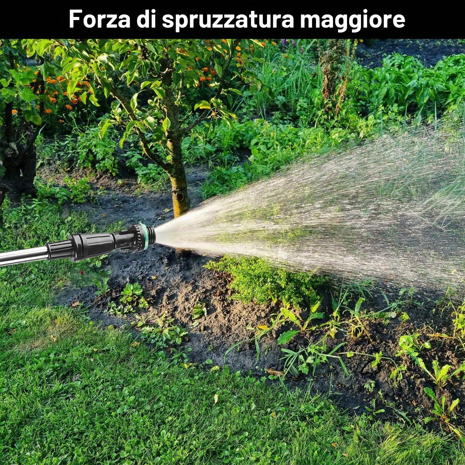 Spruzzatore elettrico per piante, a batteria, ricaricabile e portatile, con asta telescopica da 23,6 pollici, tubo da 5 m e 3 ugelli per giardino, terrazza, prato ed erbacce