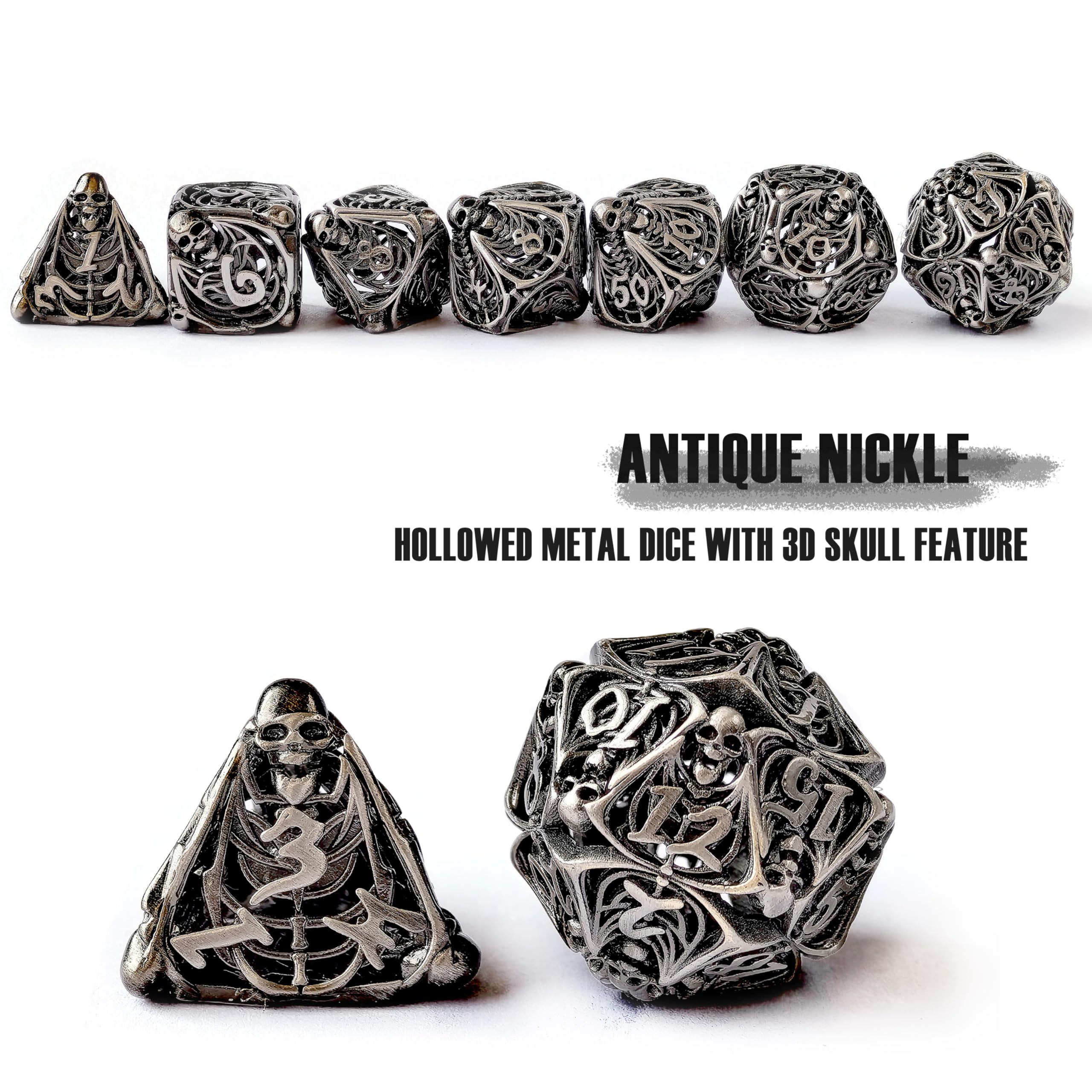 Copper Hollow Polyhedral DND 7pcs Dungeon and Dragon Metal dice with 3D Skull Feature, Hollowed Metal Dice Antique Nickle - Image 3
