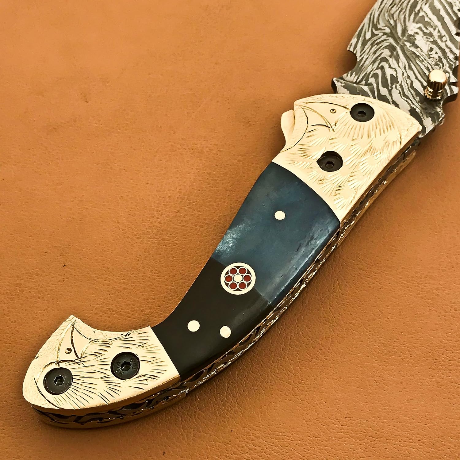 Custom Handmade Damascus Steel Folding & Pocket Knife with Leather cover