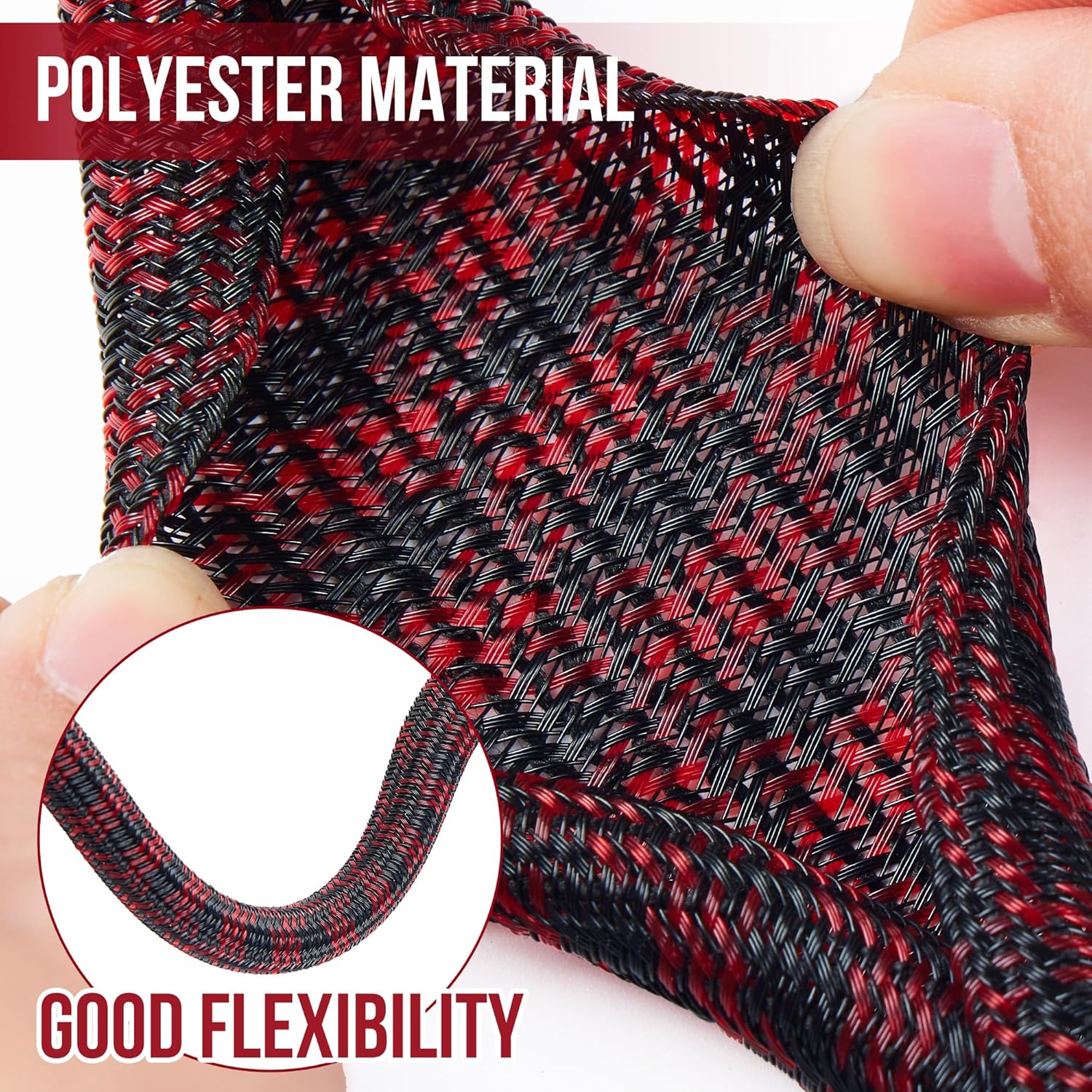 1/2-100FT Inch Split Cable Sleeve, Braided Wire Loom Cord Protector, Pet Chew Proof Wire Cover, Stylish Color Cable Management Wrap for Desk, TV, Home (Black Red)