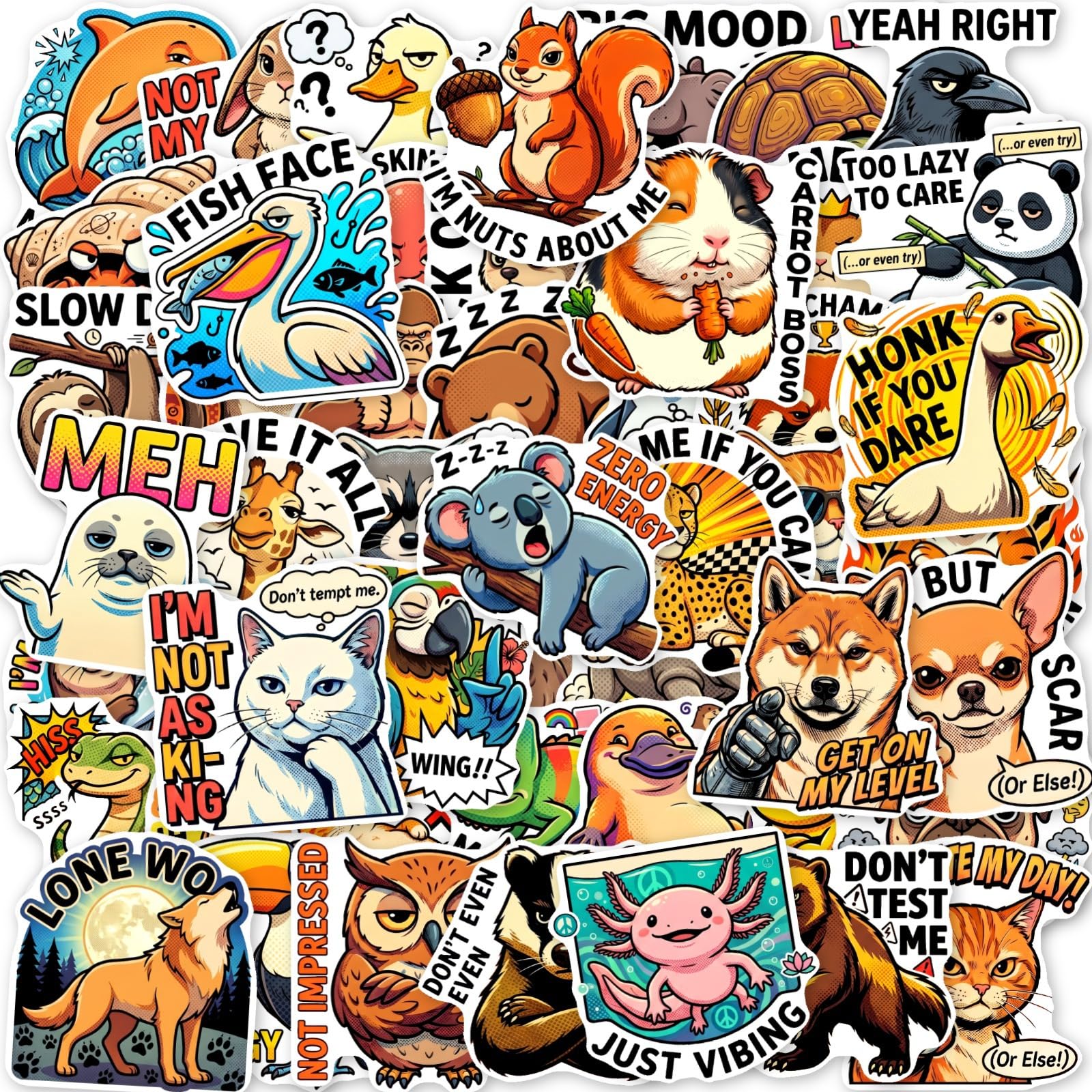 Pack of 50 Funny Wild Animal Saying Vinyl Stickers Waterproof Self-Adhesive