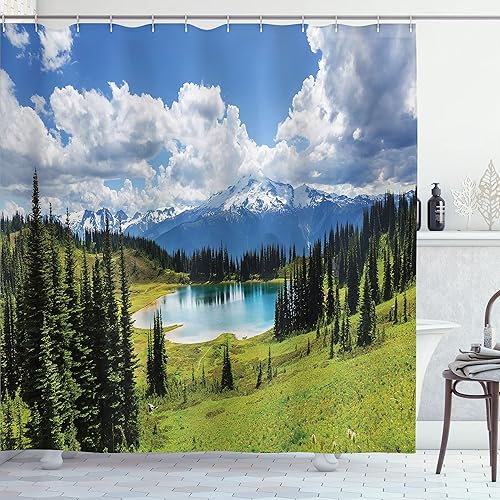 Miniatura 100 de Ambesonne Cortina de ducha amarilla, inspirada en pícnic, temática de los años 50, 60 y 70, estampado de lunares retro, juego de decoración de baño