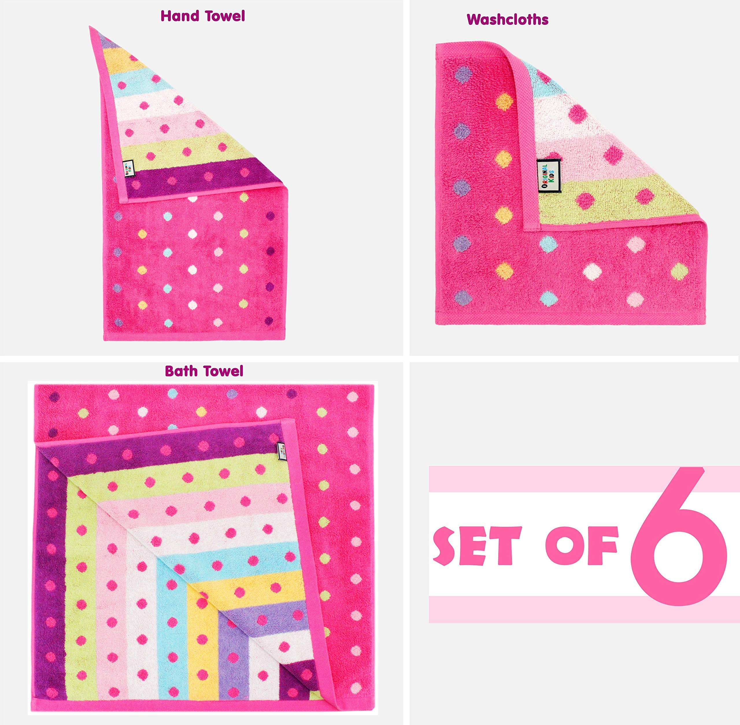 Original Kids Bath Time Sugar and Spice - Juego de Toallas de 6 Piezas, algodón, 2 Toallas de baño, 2 Toallas de Mano, 2 paños de baño, 2 paños de baño, Color Rosa, Multicolor, 630 g/m²