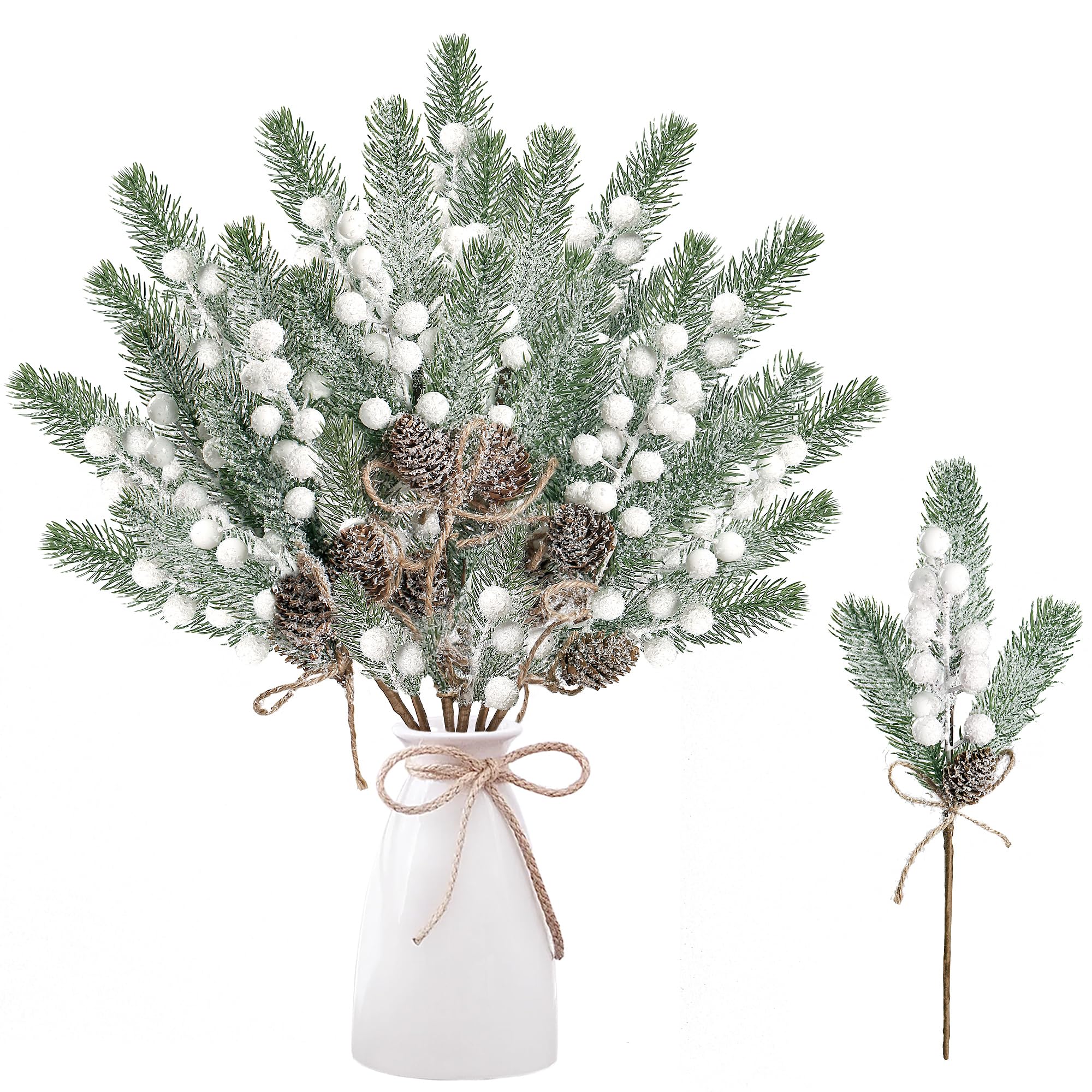 Sggvecsy 8 Stück Schnee gefrostete Weihnachtsbeeren Tannenspieße künstliche weiße Beeren Tannenzweige Faux Tannenzweige mit Tannenzapfen für Weihnachtsbaum Kranz DIY Handwerk Blumenarrangement Urlaub