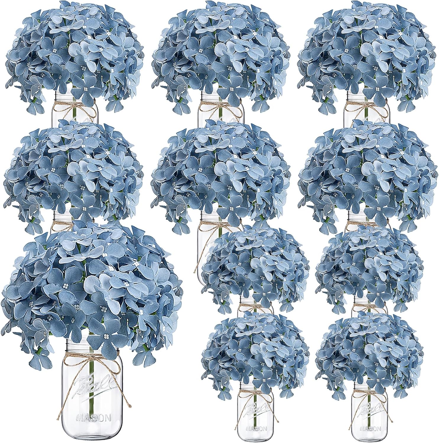 Hydrangea Flower in Mason Jars, 10 Set Flower Table Centerpieces Bulk Glass Flowers Vases Decor for Home Party Wedding Bridal Shower Graduation Boho Decorative(Dusty Blue)