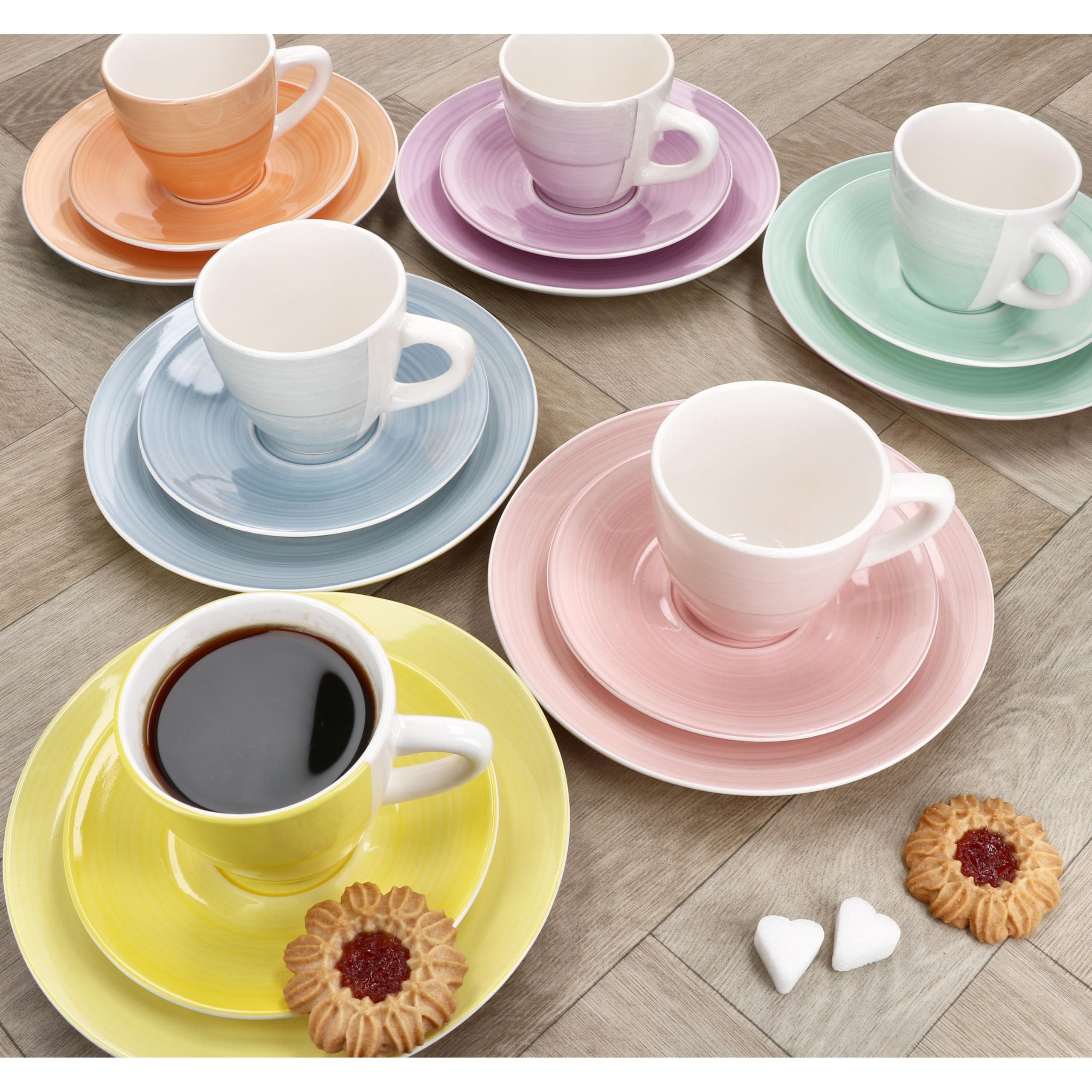 MamboCat Spring 18tlg Kaffeeservice I Steingut Geschirr Set I je 6X Bunte Kuchenteller, Untertassen & Tassen 160ml I Gelb, Orange, Rosa, Lila, Mint & Blau I Kaffee & Kuchen