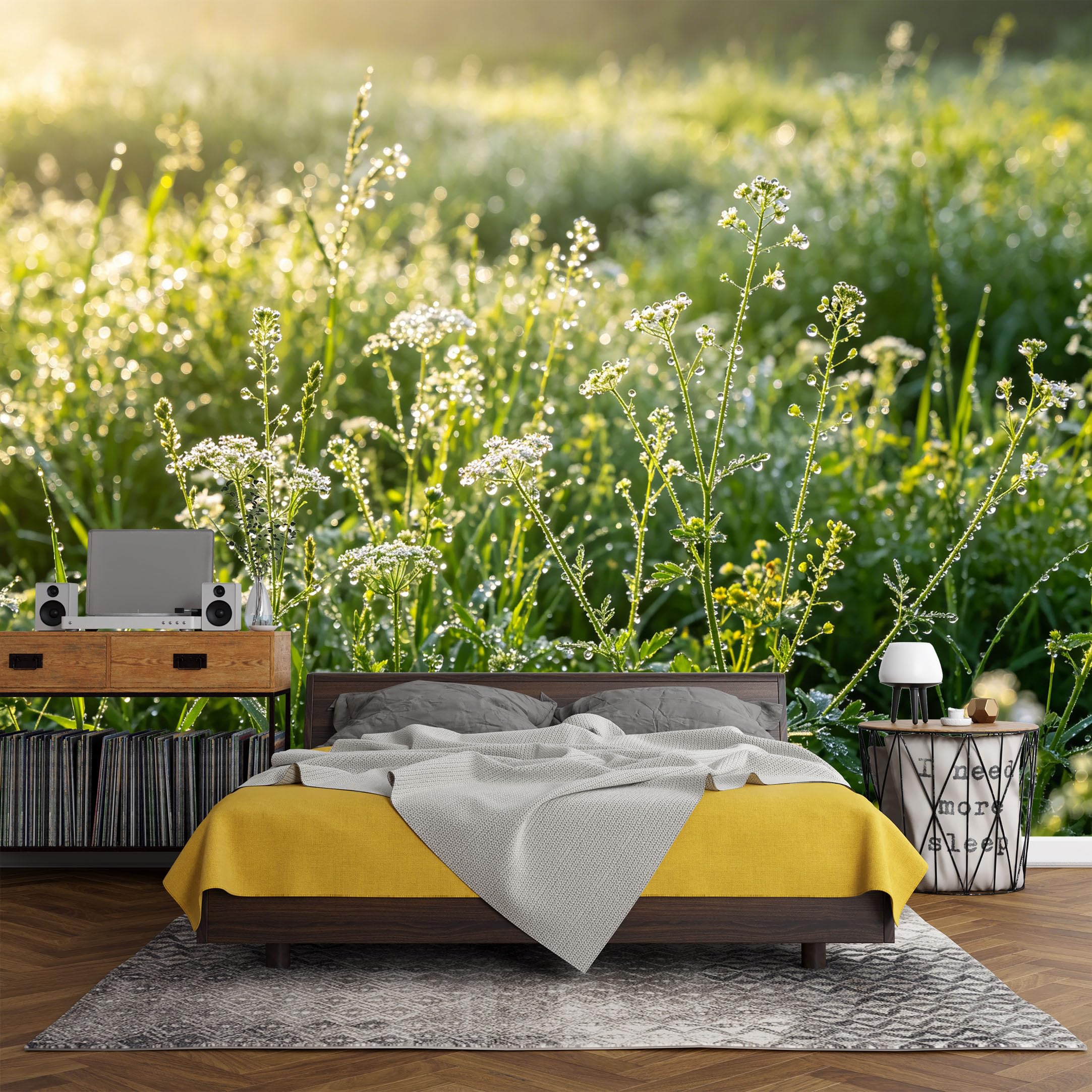 Custom Size Wall Mural， Botanical Morning Dew Meadow Sunlight Wildflowers，SelfAdhesive Art Prints wall Fabric (No PVC) Removable Wallpaper Living Room Decor