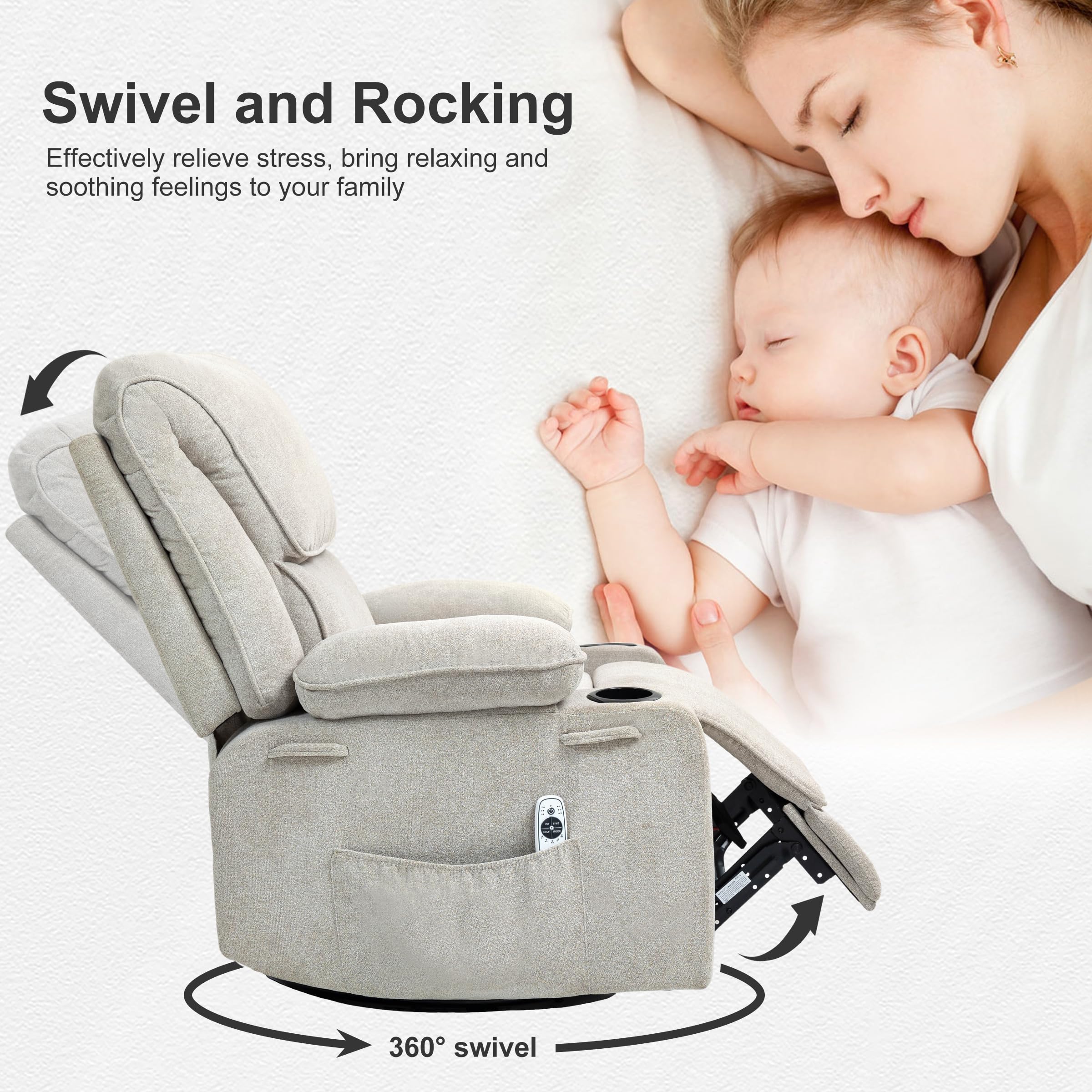 Fauteuil de Relaxation Massage Chaise massant avec Dossier Inclinable Manuellement 150° et Repose-Pied, Fauteuil TV Télécommande Incluse Massage en 8 Points et Fonction Chauffante,Pivotement à 360