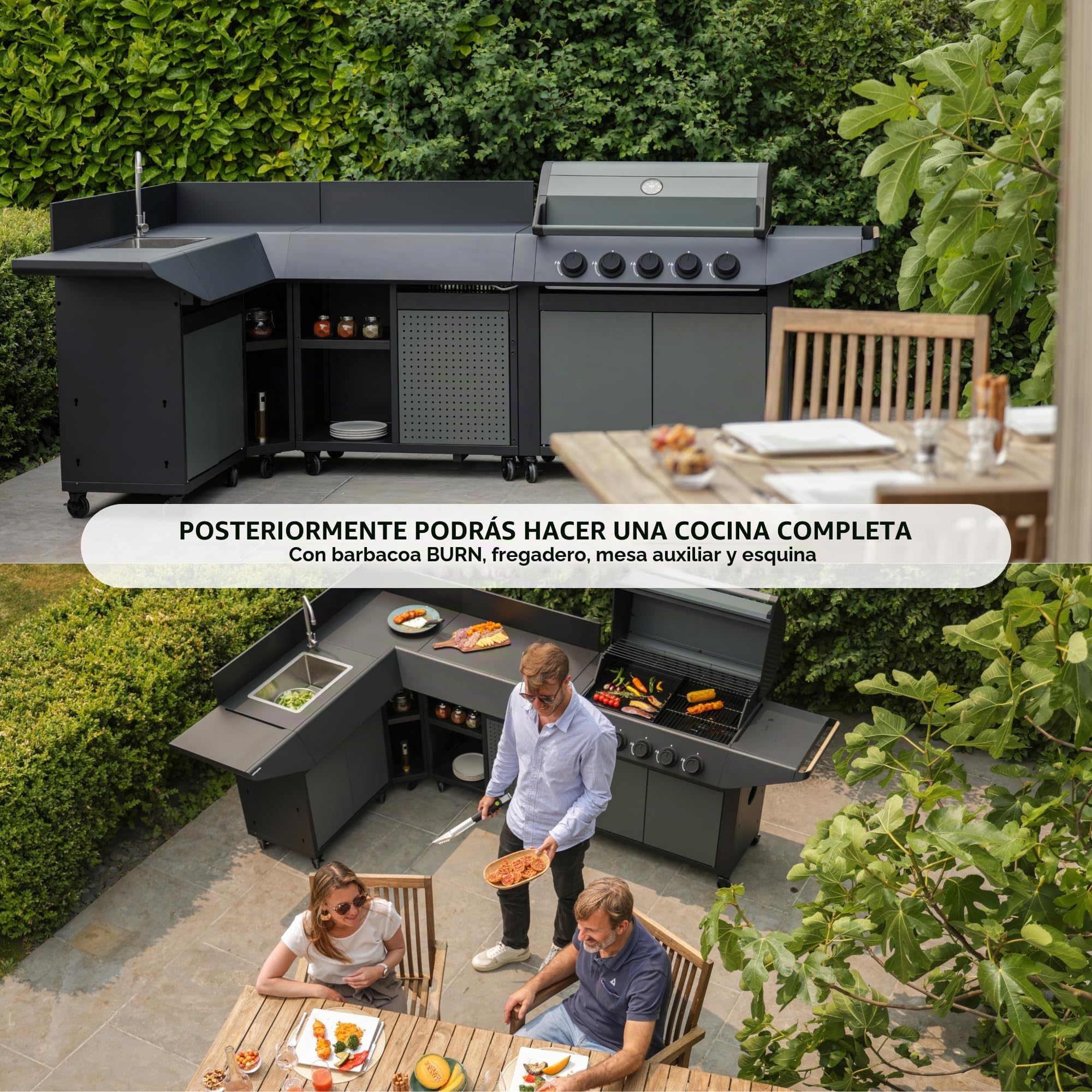 Cook'in Garden - Cocina de Gas para Exterior BURN, Barbacoa con Postre y Fregadero Integrados, 5 Quemadores, Espacio Adicional, Grifo con Salida de Agua, Función de Plancha y Barbacoa